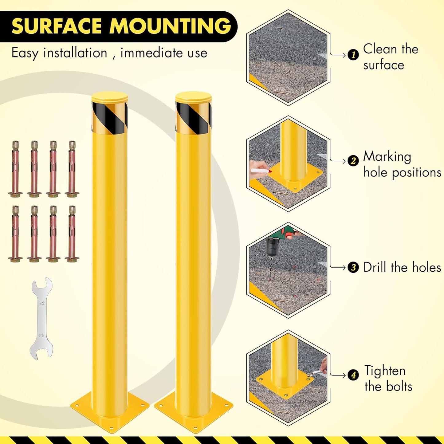 6 Pack Safety Bollard Post, 30 Inch Height 4.5 Inch Diameter Yellow Pipe Safety Steel Bollards with Anchor Bolts and Wrench, Steel Bollards for Road Warning Construction Public Place Traffic Control