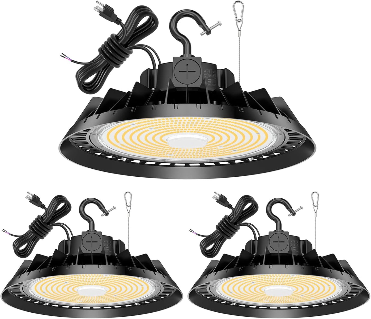 3Pack LED High Bay Lights, 300W UFO High Bay LED Shop Lights, 45000LM Adjustable CCT(5700K 5000K 4500K) & Power(300W 240W 200W), 0-10V Dimmable, 5' Cable Plug, IP65 Waterproof, ETL & DLC Listed
