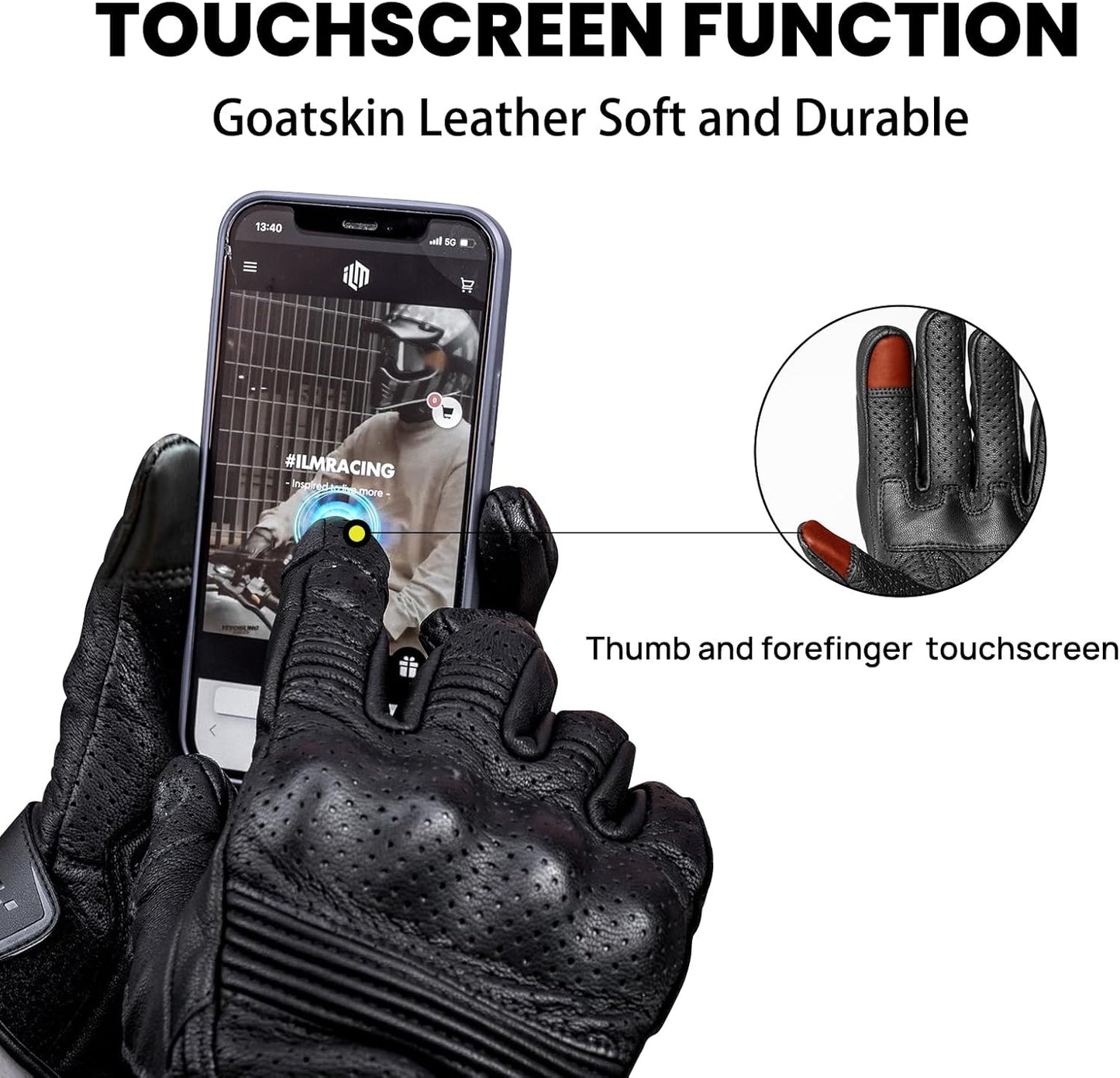 ILM Goatskin Leather Motorcycle Motorbike Powersports Racing Gloves Touchscreen for Men and Women Model DN01(S, Black Perforated)