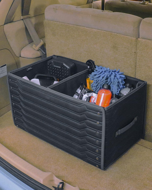 Trunk Storage 17.7" Collapsible Crate For Groceries, Tools & Travel Gear - Eco-Leather Car Organizer With Magnetic Lid - Practical Birthday Gift For Men (Highway 17)