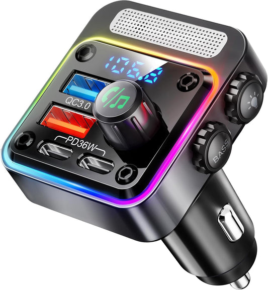 Nulaxy 54W Bluetooth 5.3 Car Adapter Charger 4-Port Fast Charging [PD36W & QC3.0 18W], Wireless Radio FM Transmitter with Deep Bass Player, 5 Colors LED Backlit, Hands-Free Calling, Support USB Drive