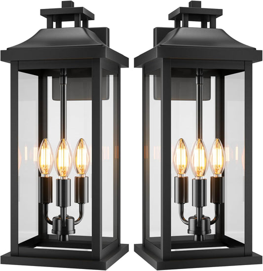 20" Large Outdoor Light Fixtures 3-Light 2 Pack, Black Outside Modern Porch Lights for House, Exterior Wall Sconce Lanterns Wall Mounted Waterproof Outdoor Coach Lamps for Garage E12