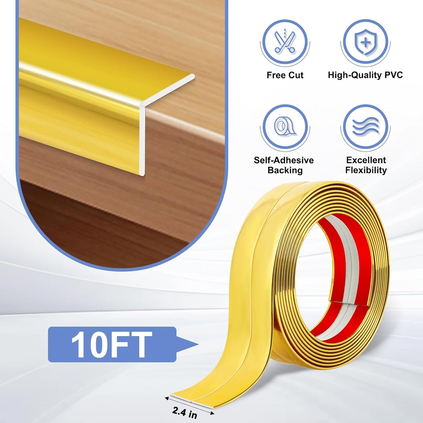 Wall Corner Protector Moulding Trim Peel and Stick Wall Corner Guards Trim Flexible Self Adhesive Edge Protector Moulding, 2.4 in x 10 Ft, Gold