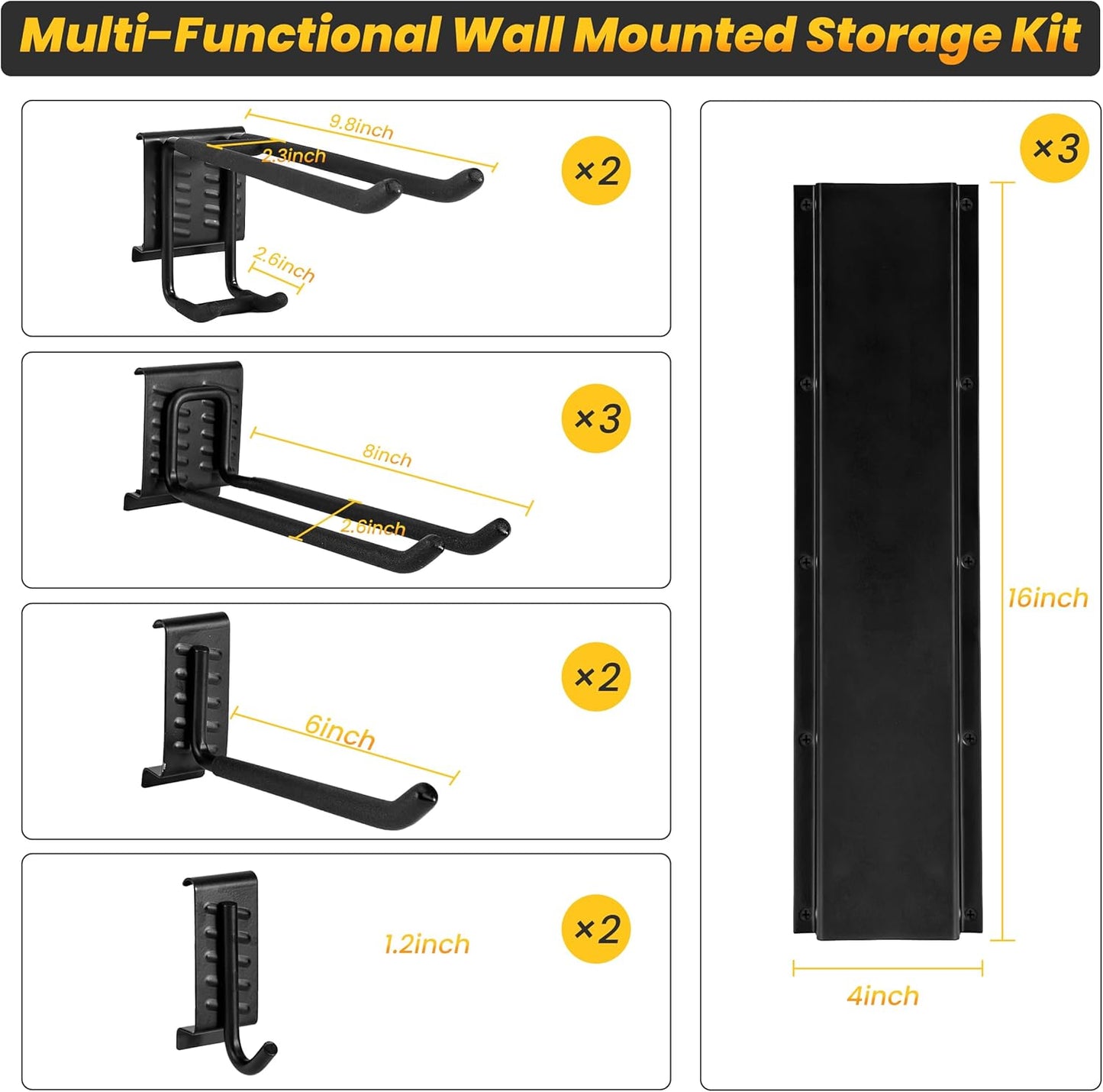 Garage Tool Organizer Wall Mount, 48-Inch Multi-Functional Garage Hooks Heavy Duty with Sliding Track, Black Coating, Non-Slip Pads, and Rubber Protectors for Garage Organization and Garage Storage