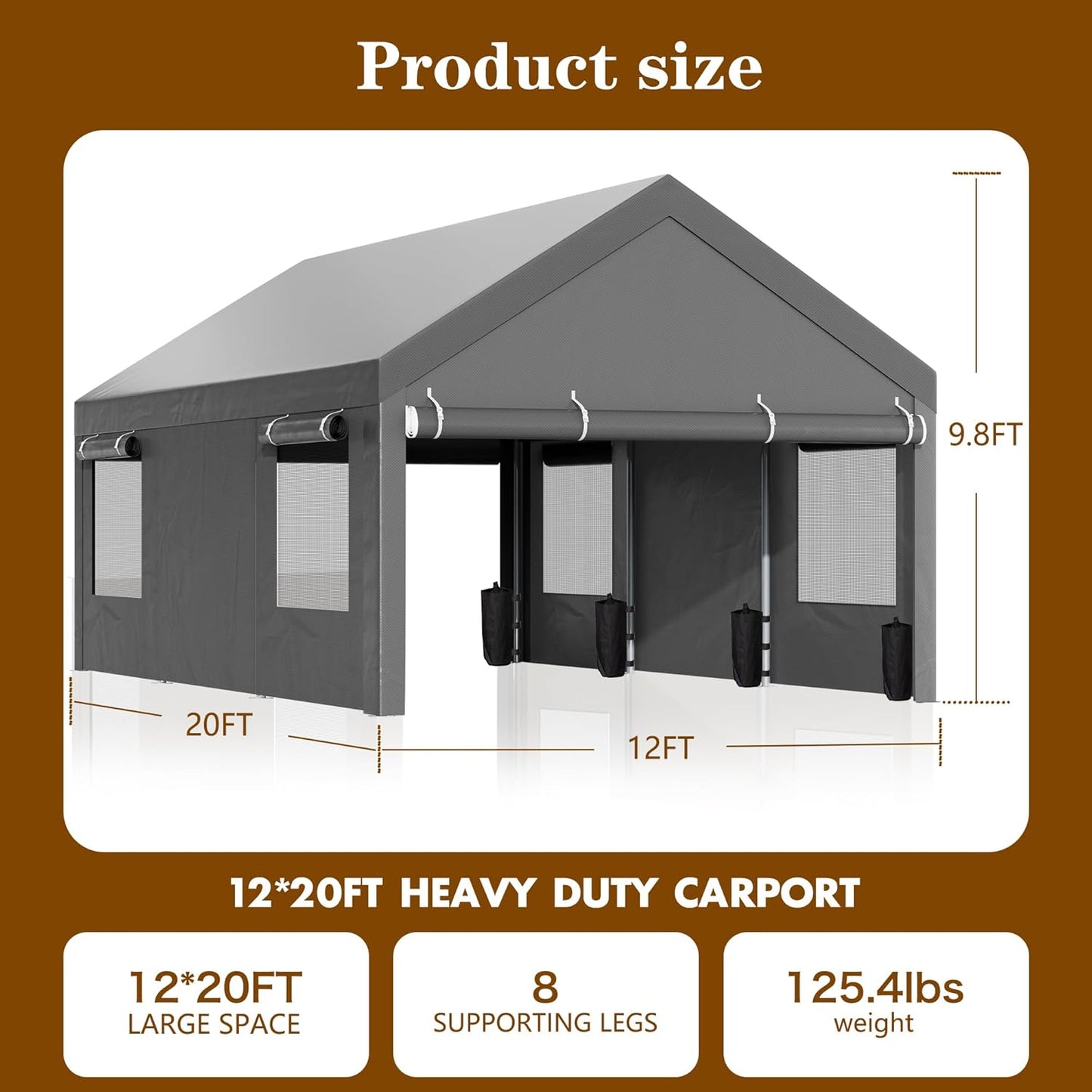 Walsunny Carport, 12x20 ft Heavy Duty Carport Canopy with Roll-up Windows, Portable Garage with Removable Sidewalls & Doors, Car Canopy with All-Season Tarp for Car, Truck, Boat