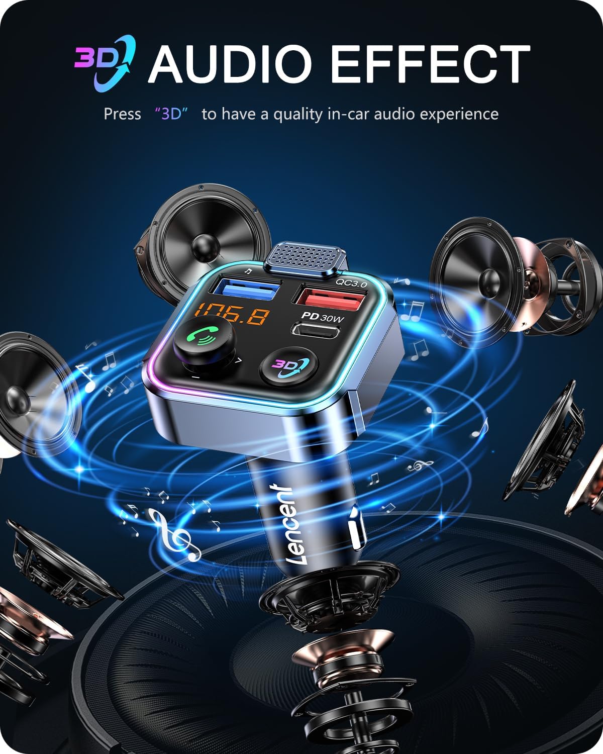 LENCENT Bluetooth 5.3 FM Transmitter, Wireless Radio Adapter Car Kit with Type-C PD 30W+ QC3.0 Fast USB Charger, Hands-Free Calling, Audio Stereo Mp3 Player Receiver, Supports U Disk, Color Light