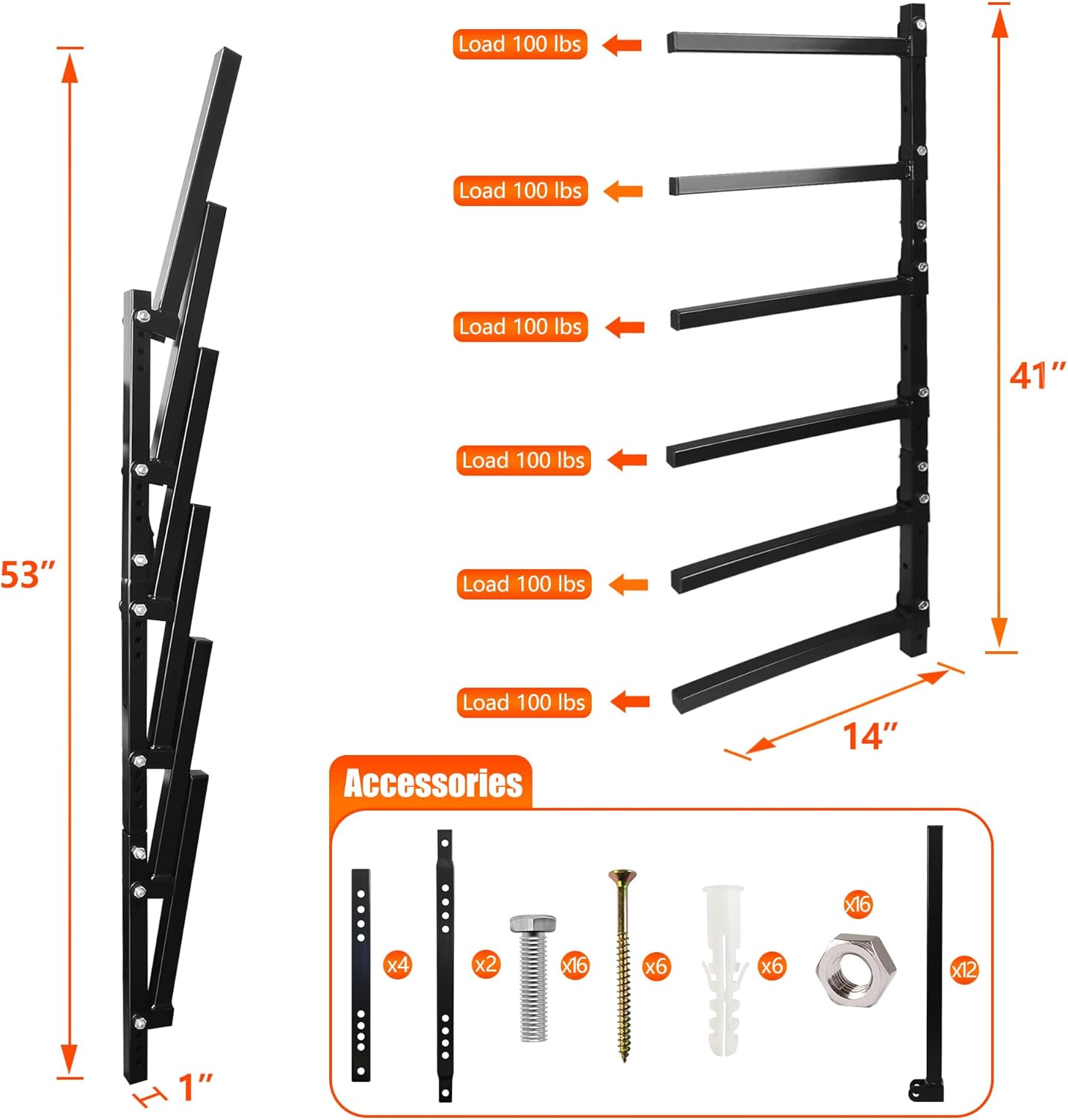 6-Tiered Collapsible Wall Mount Lumber Storage Metal Rack, 6-Level Foldable Heavy Duty Indoor Garage Wood organizer, Outdoor Adjustable Steel Multipurpose Workshop Shelf, Holds up to 600Lbs