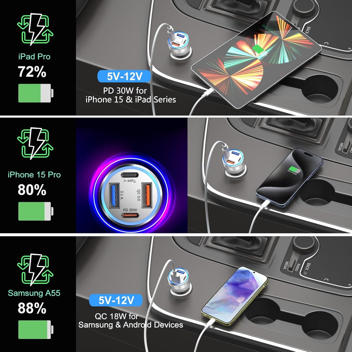 USB C Car Charger, Bangfun 3 Pack 65W 4 Ports 12V USB C Cigarette Lighter Adapter QC 3.0&PD 30W Super Fast Type C Car Phone Charger for iPhone 15/14/13/11/iPad Pro,Samsung,Android(Silver)