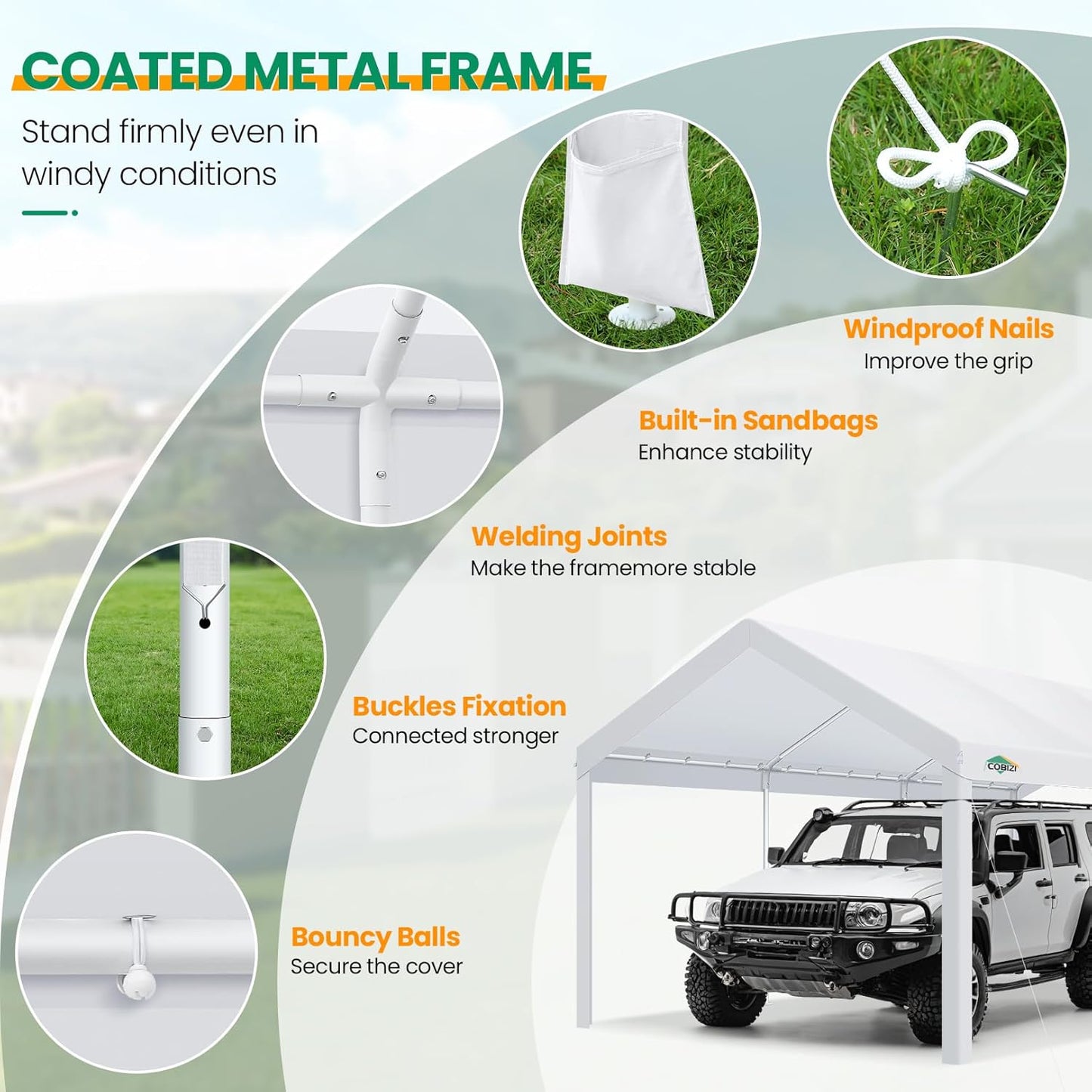 COBIZI Carports 10x20 Heavy Duty Car Tent Garage, Galvanized Frame Car Canopy Outdoor Shelter Waterproof & UV Protected with Windproof Ropes & Built-in Sandbags for Car Truck Boat, White