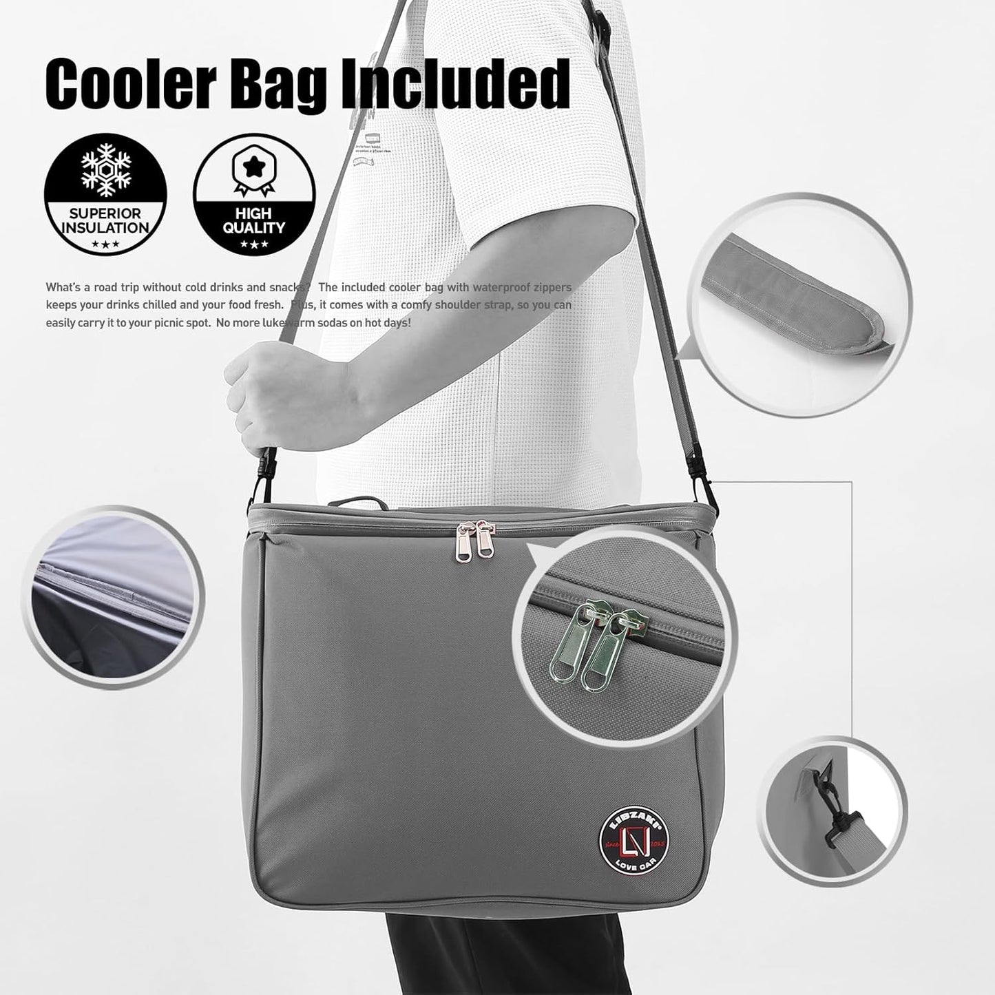 LIBZAKI Oversize 4 in 1 Car Trunk Storage Organizer, Multi Compartment Collapsible Trunk Storage Box with Cooler Bag for Car Truck SUV-Gray