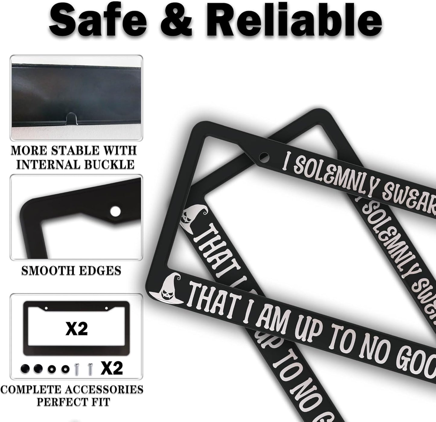 License Plate Holder Black and White License Plate Frames I Solemnly Swear That I Am Up to No Good Universal Aluminum Car Accessory 2 Pack with Screw Covers Set