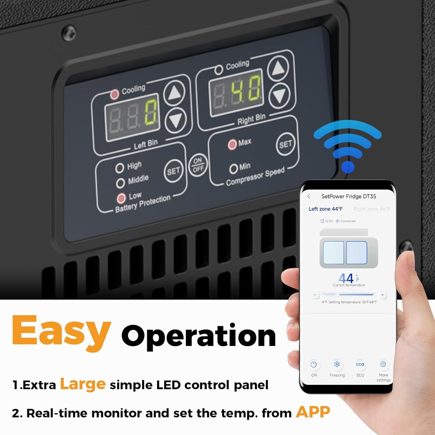 Setpower DT45 Car Refrigerator with APP Control, 48QT(45L) Electric Cooler Dual Zone Fridge Freezer, 12V Refrigerator Portable Freezer for Camping, Travel, Road Trip