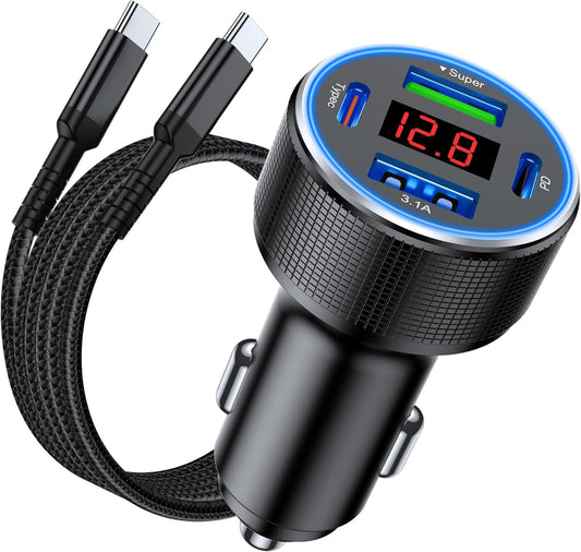 USB C Car Charger Fast Charging USB C Cable, 78W 4 Port iPhone 16 15 Car Charger Adapter with Voltmeter Cigarette Lighter USB Charger for iPhone 16 Pro Max/15 Plus/14/13/12, Samsung Galaxy, iPad