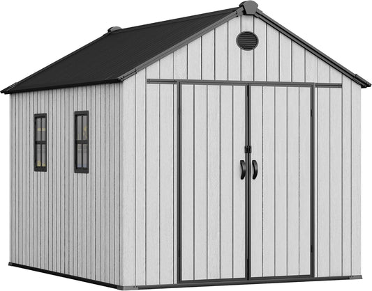 YITAHOME 8x10 FT Outdoor Storage Shed with Floor, Plastic Garden Shed for Bikes, Tools, Supplies, Waterproof Resin Shed with Lockable Doors, 2 Windows & 2 Vents for Patio, Backyard, 556 cu. Ft., Gray