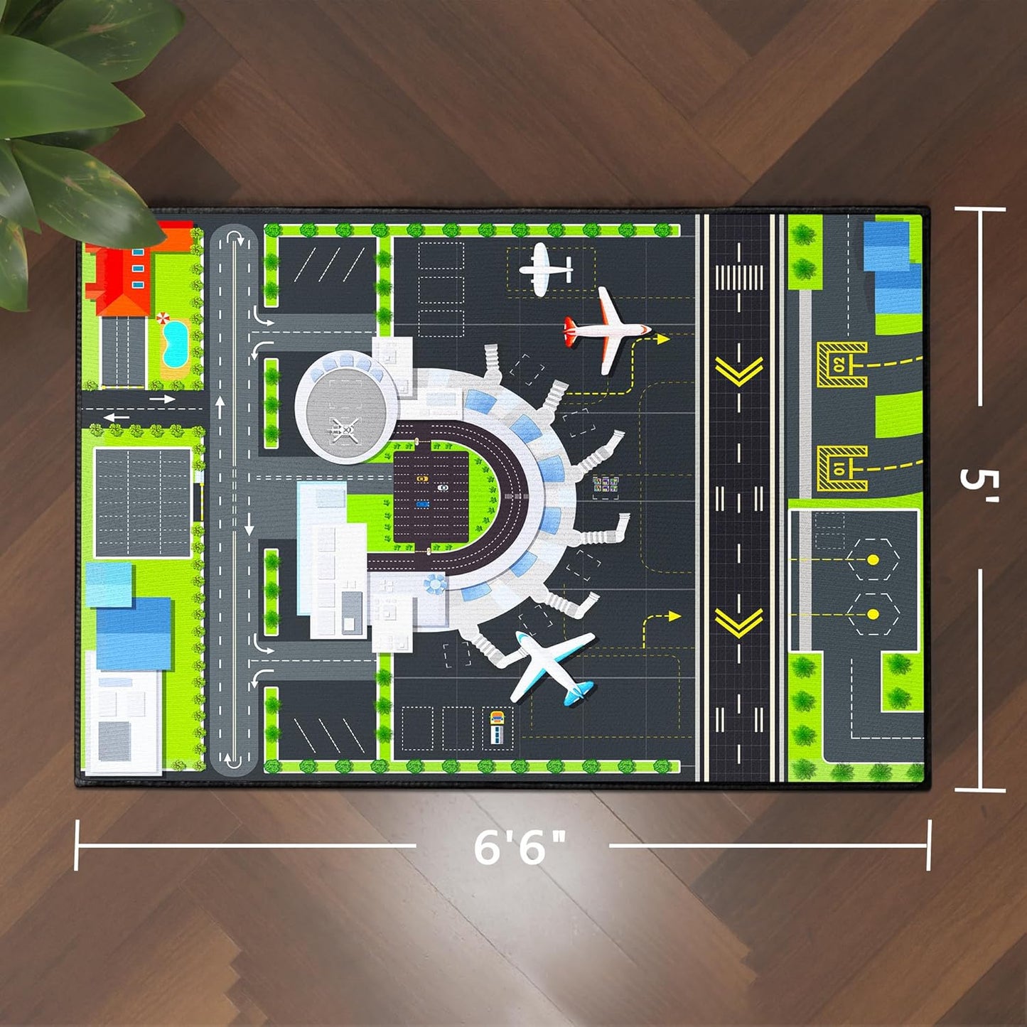 Playmat for Boys Playroom 5'x 6'6" Airport Mat for Kids Bedroom Traffic System and Aircraft Runway Rug Carpet Non-Slip Washable Area Rug