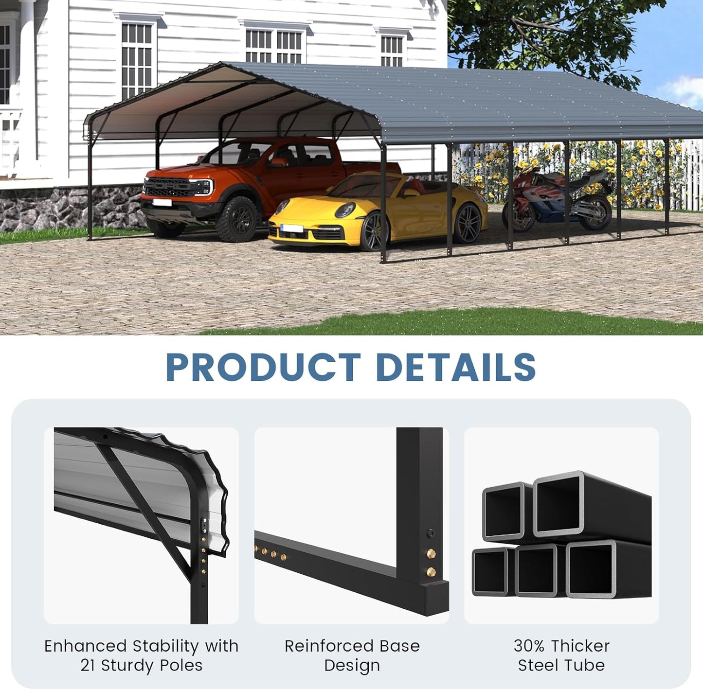 EROMMY 20x30 FT Metal Carport, Heavy Duty Carports with Galvanized Steel Roof and Frame, Sturdy Car Shed in All Weathers, Easy Assembly Car-Shelter for 2 Cars, SUV, Tractors and Boat, Gray