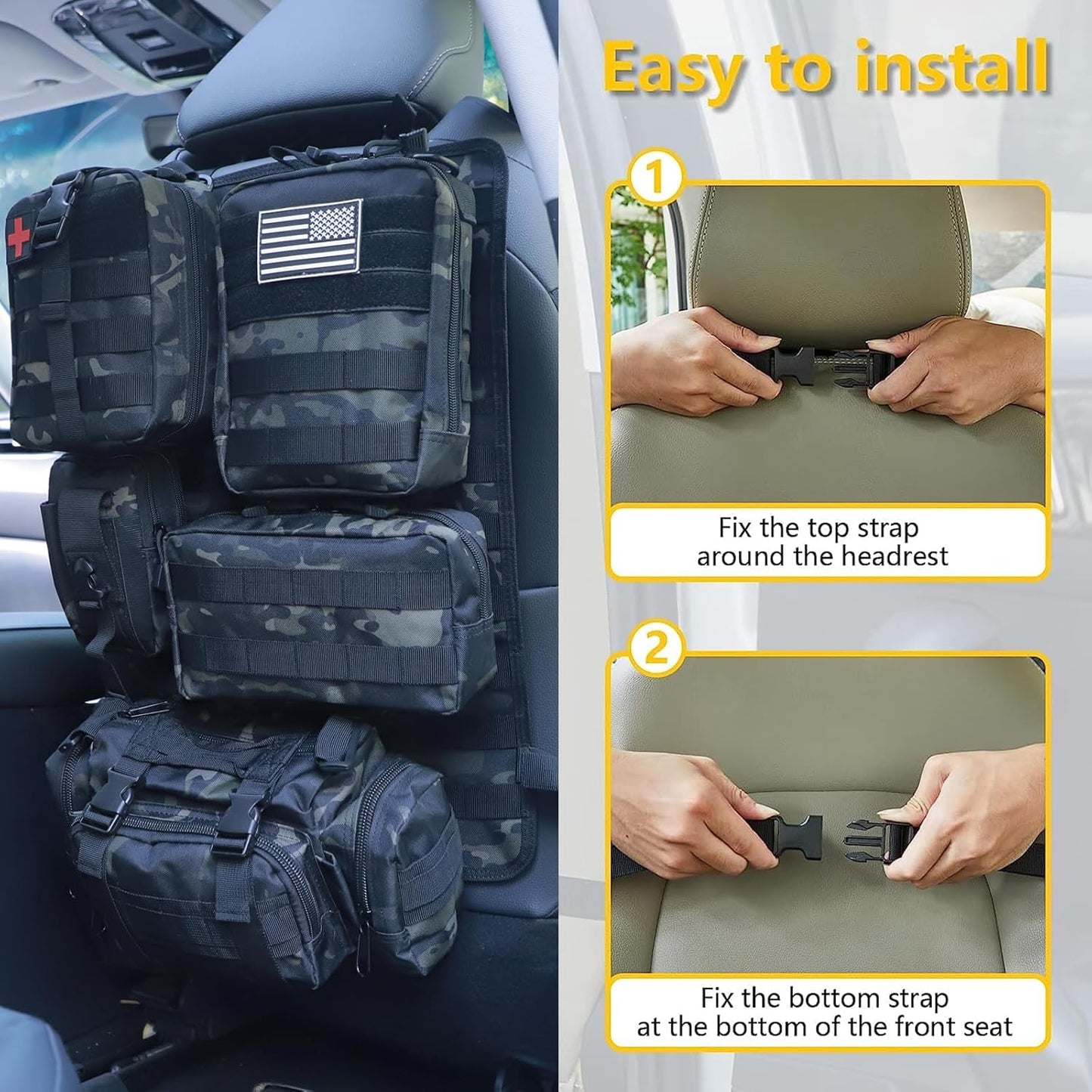 Universal Tactical Seat Back Organizer Vehicle Molle Panel Organizer Storage Bag with 5 Detachable Molle Pouch for All Vehicel Such as Jeep,Truck,SUV, Car, Ford,Chevy etc