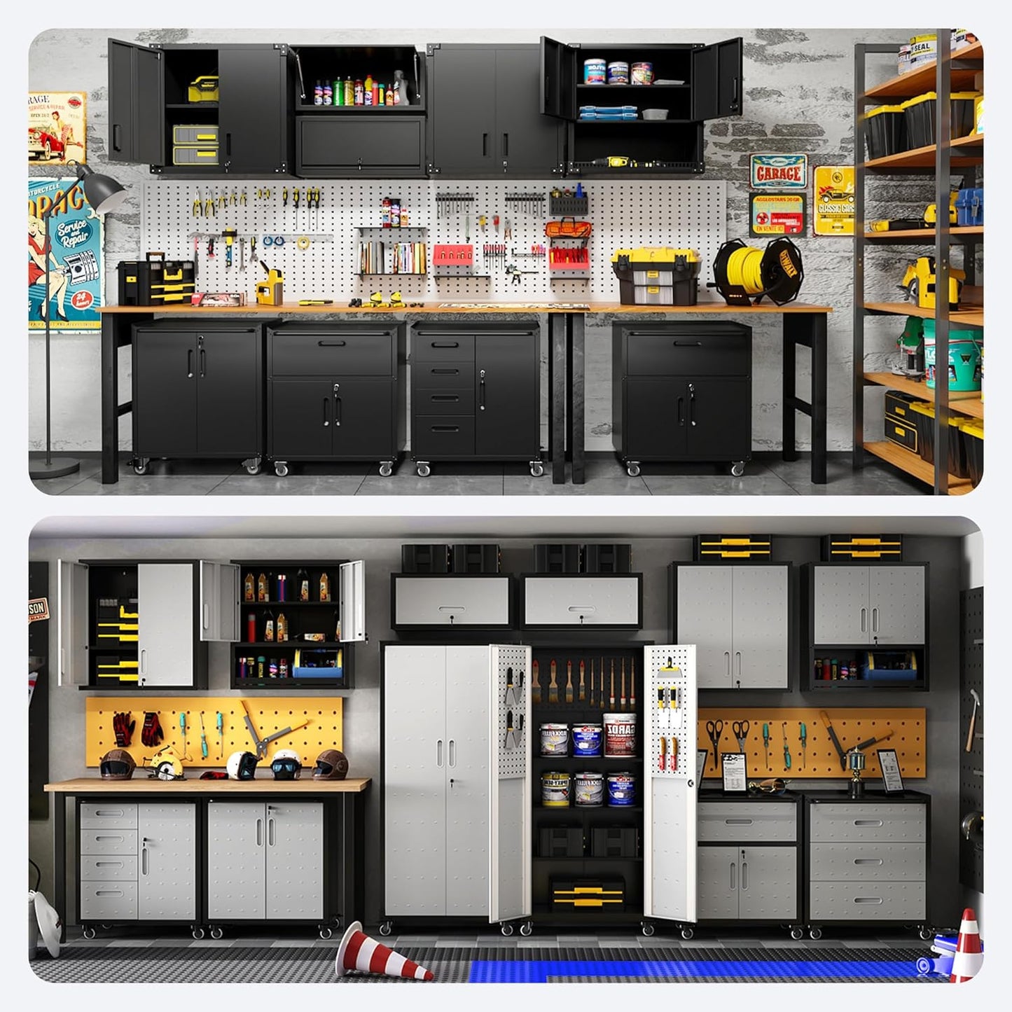 Metal Tool Cabinet,Garage Storage Cabinet System,Wall Cabinet & Locking Rolling Tool Cabinet with Doors and Adjustable Shelves,Steel Tool Cabinets for Home,Office (4 Pcs-StyleA, Black & Grey)
