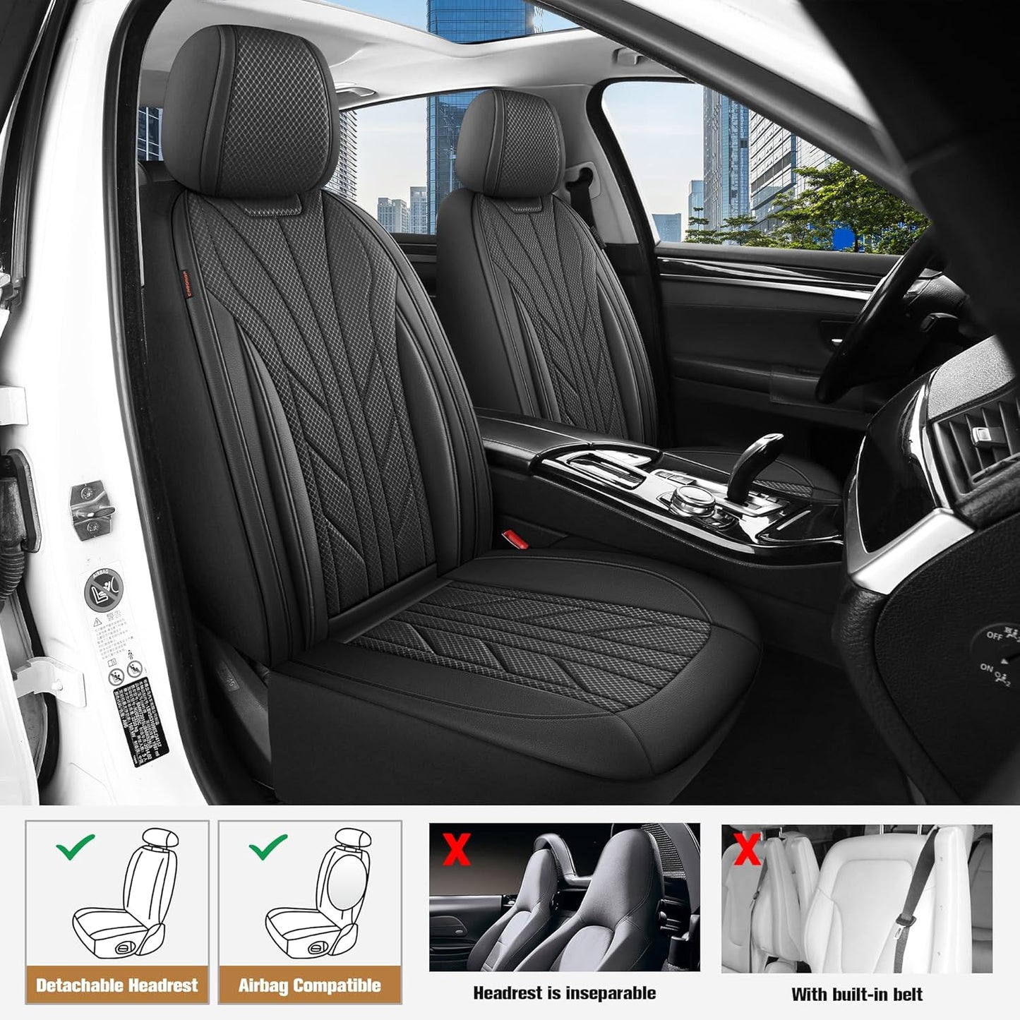 CAROMOP Luxury Faux Leather&Fabric Car Seat Covers Full Set with Breathable 3D Foam Back Support,Universal Comfortable Seat Covers for Cars,Trucks,SUVs, Front Armrests Compatible(5-Seat Black)