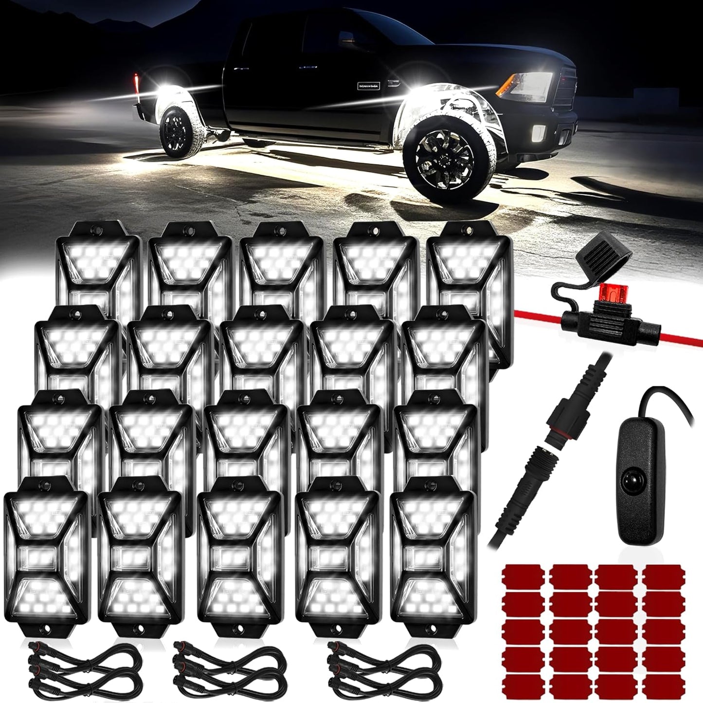 20 Pods Pure White LED Rock Lights Kit with Switch Wiring Harness,6500K 540 LEDs Bright Rock Lights for Trucks,Waterproof Underglow Light for Car Jeep Off Road ATV UTV SUV