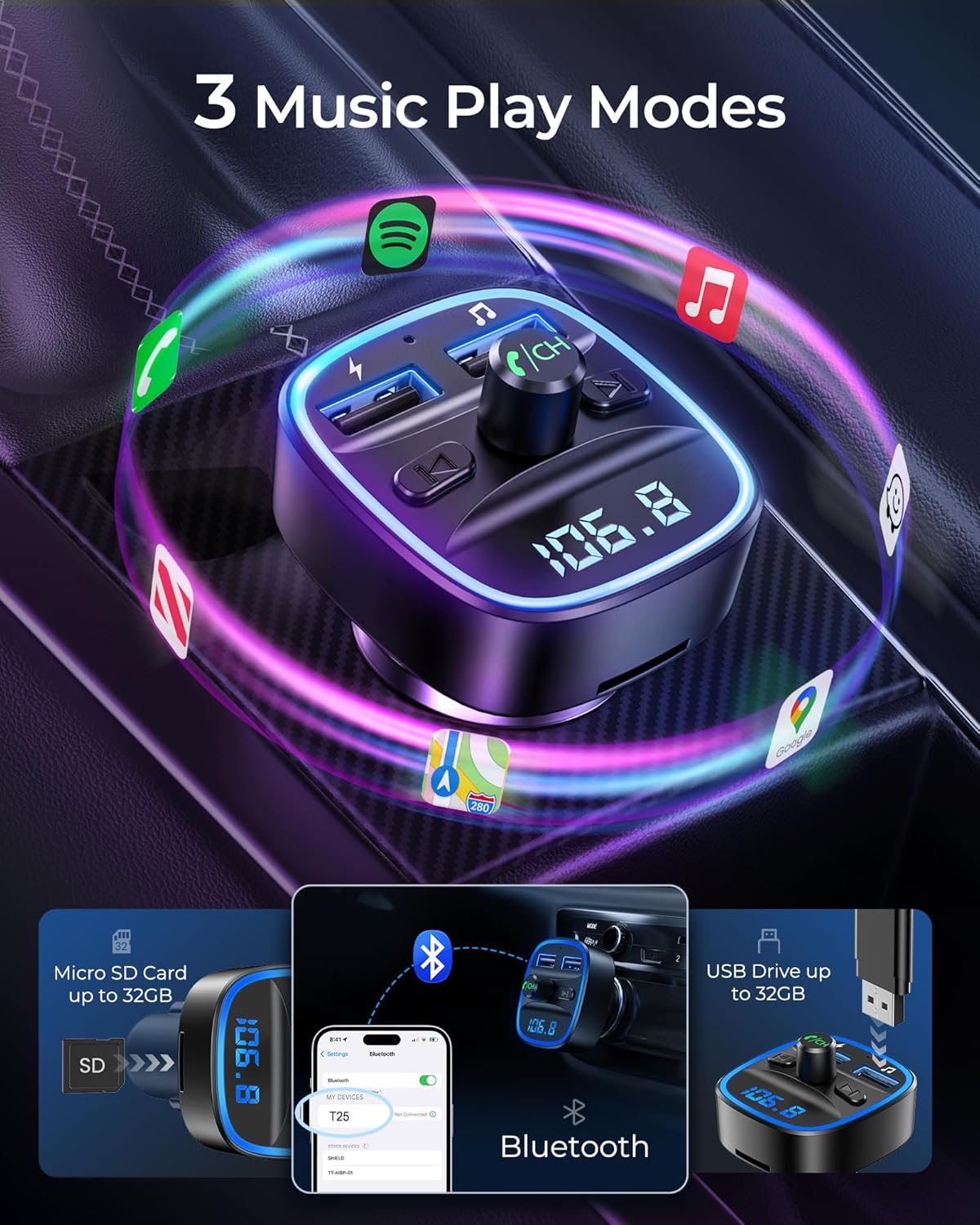 LENCENT FM Transmitter, Bluetooth FM Transmitter Wireless Radio Adapter Car Kit with Dual USB Charging, Audio Receiver Car Charger MP3 Player, Support Hands-Free Calling, TF Card & USB Disk