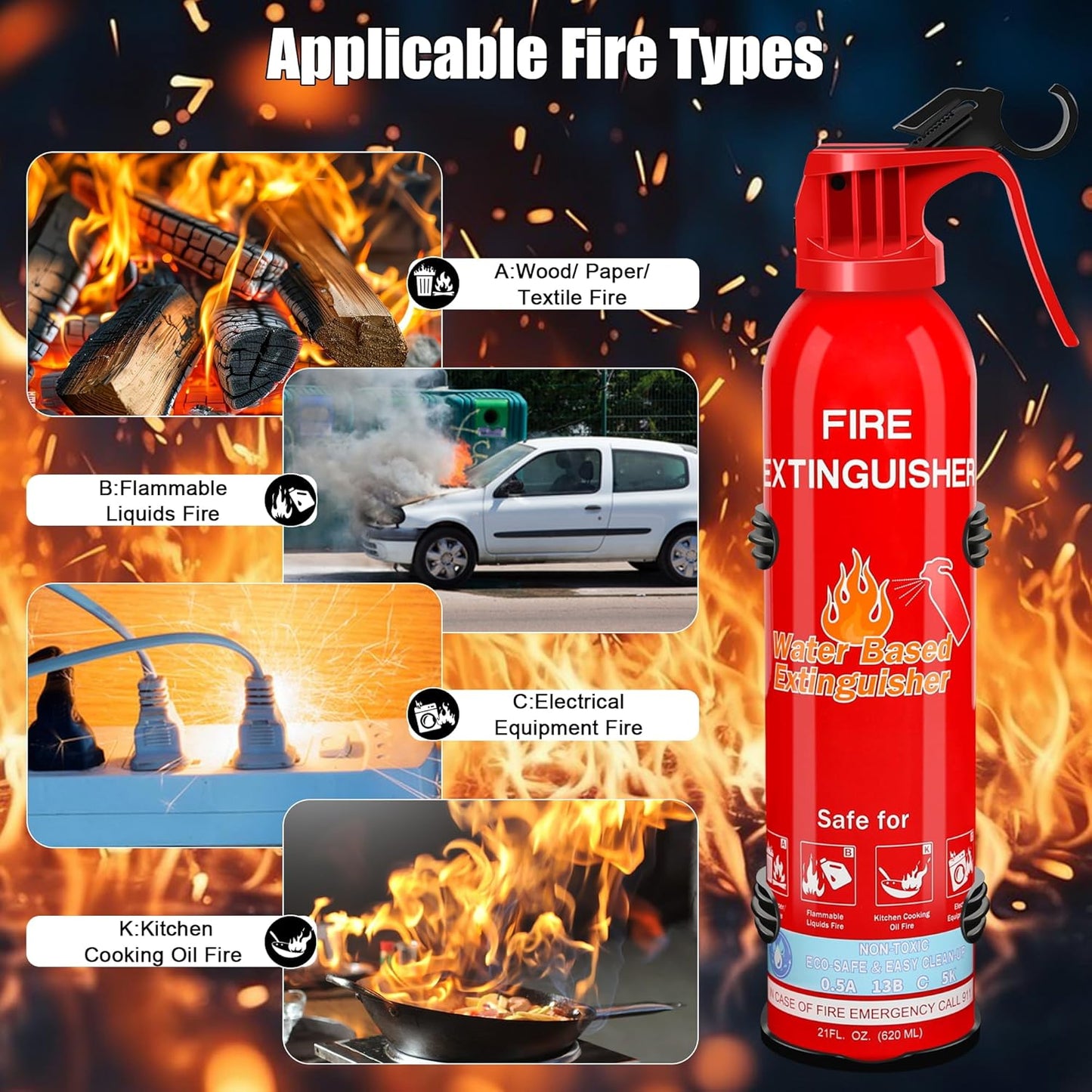 Fire Extinguisher for Home with Mount, 2 Pack Upgraded 8-in-1 Portable Fire Extinguishers For Vehicle Car Boat Marine Kitchen Emergency Supplies, Water-Based Extinguisher For A, B, C, K Fire Types