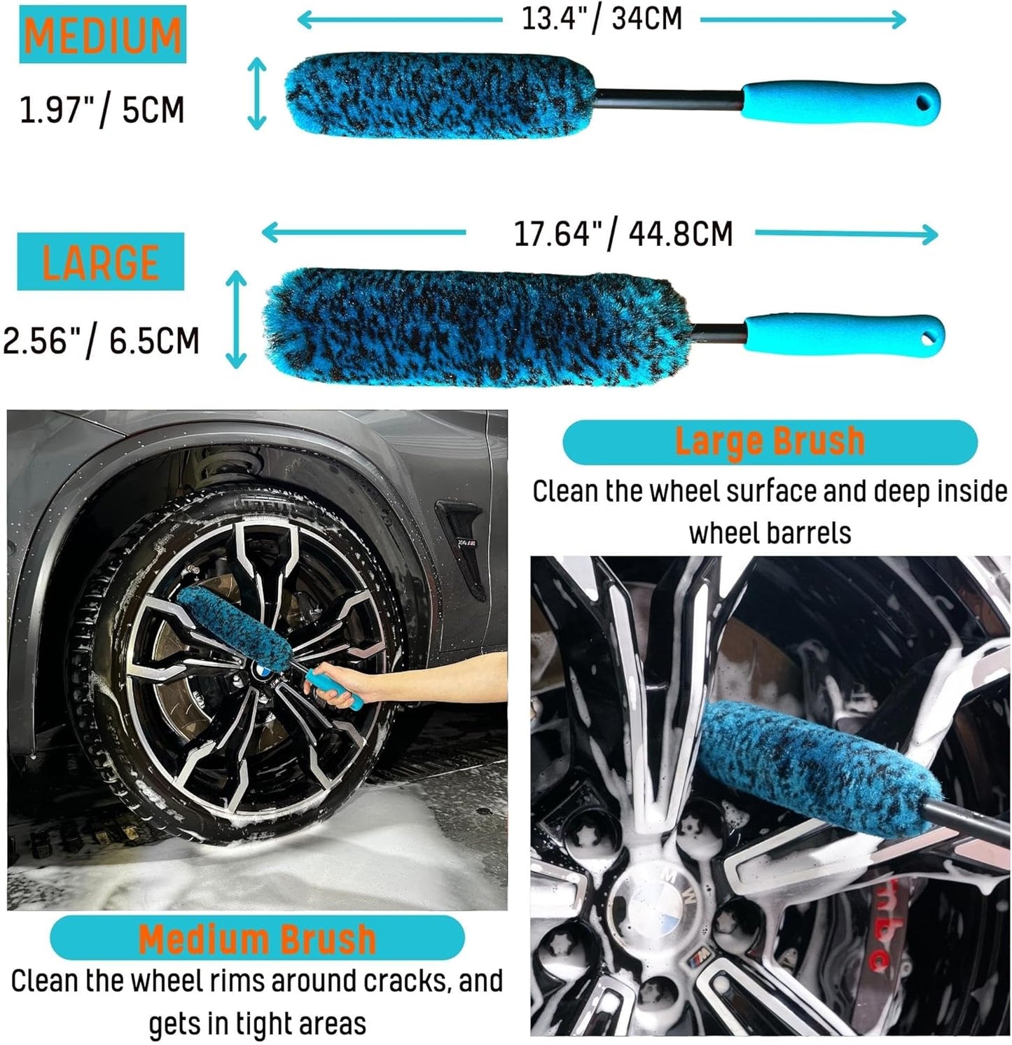 PRO Choice 4 Pack Long Handle Wheel Brush Kit for Cleaning Wheel and Tire- 2X Soft Wheel Cleaning Brush, Detailing Brush and Stiff Tire Brush