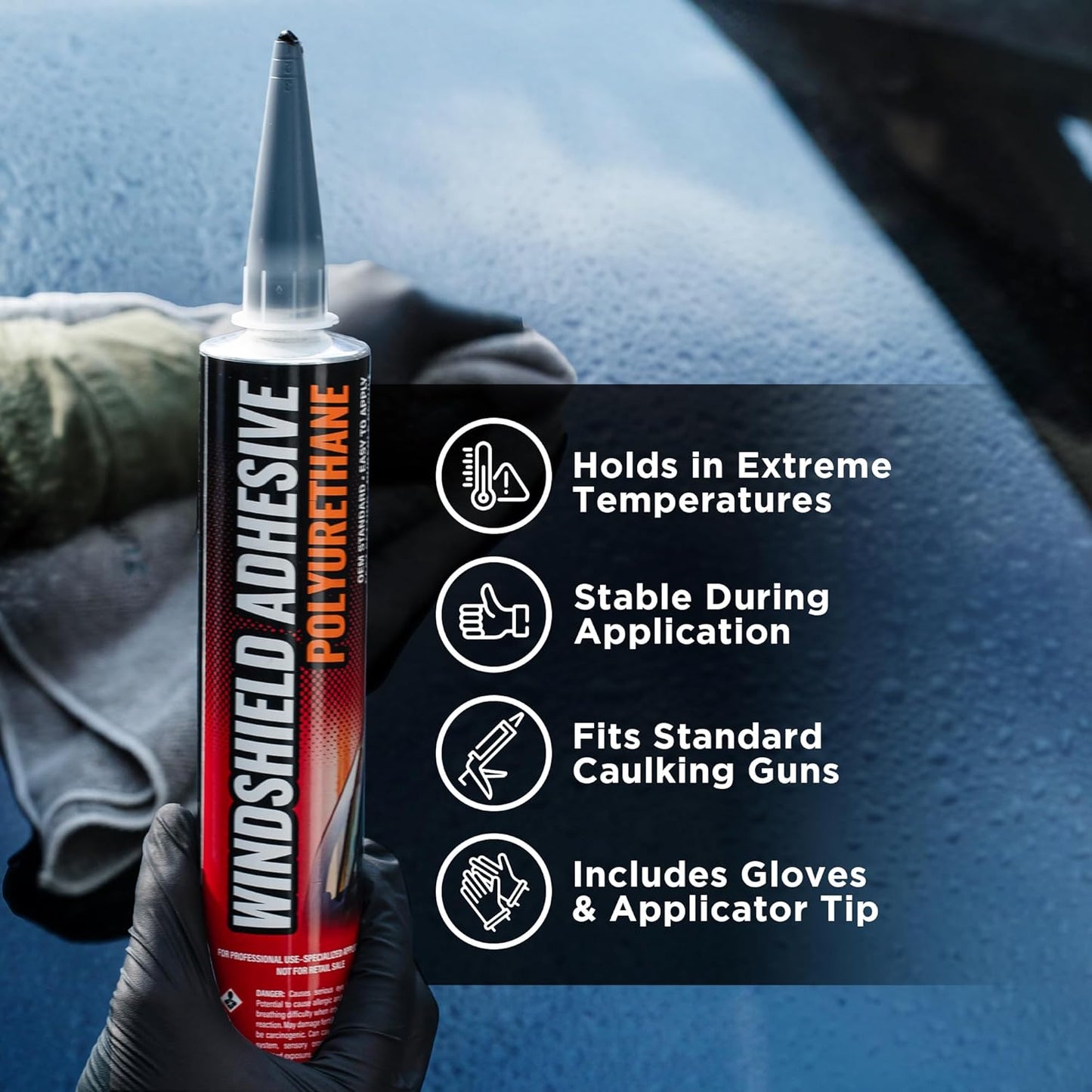 Polyurethane Windshield Adhesive - Quick Curing & Weather Resistant Auto Glass Adhesive, Vertical & Overhead Application, Windshield Repair Kit with Gloves, Applicator Tip & Cartridge - 310ml Black