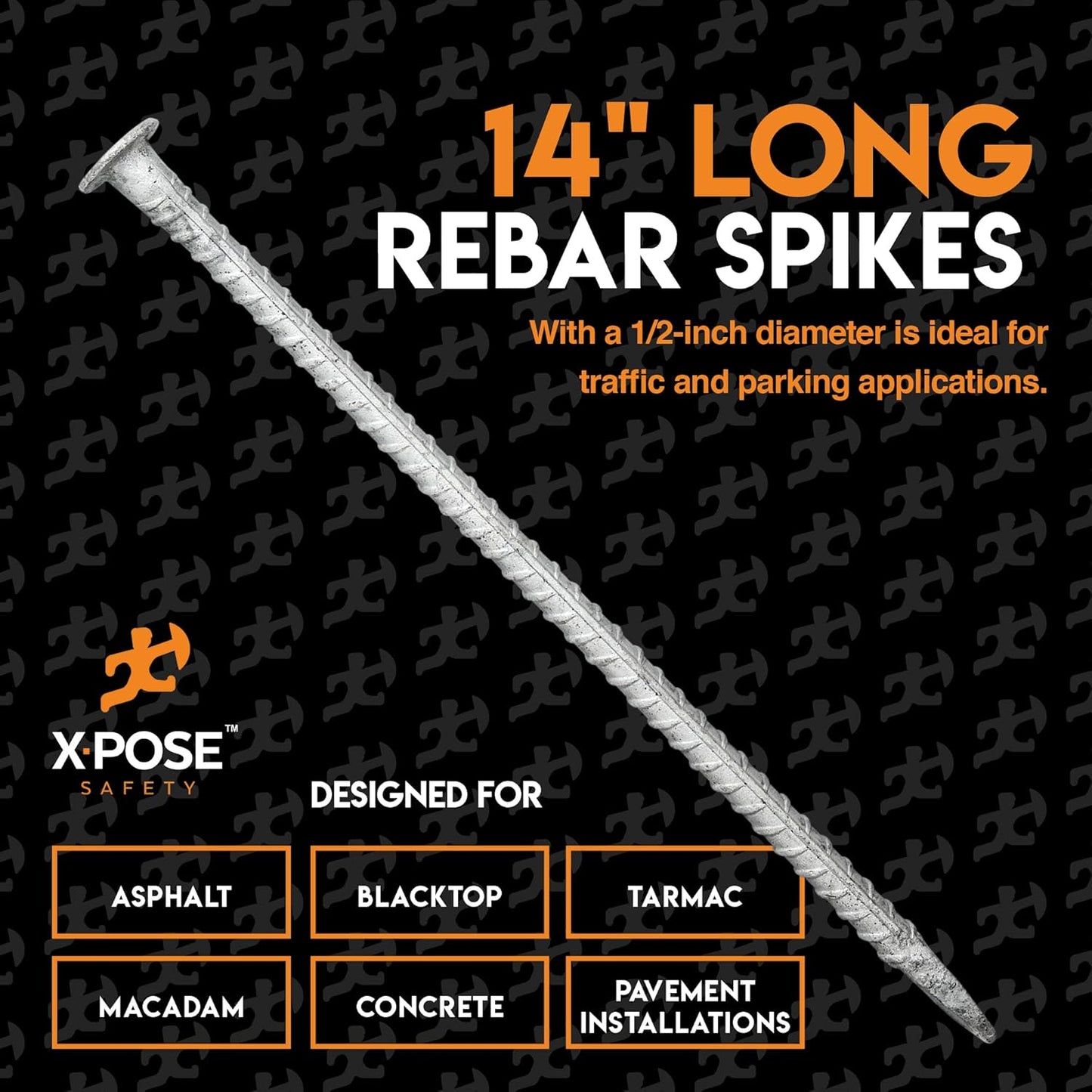 Heavy Duty Rebar Stakes 14" - 1/2" Diameter Threaded Galvanized Steel Spikes – 50 Pack Metal Ground Stakes for Speed Bumps & Wheel Stops – Support Estacas de Metal – Durable Asphalt Surface