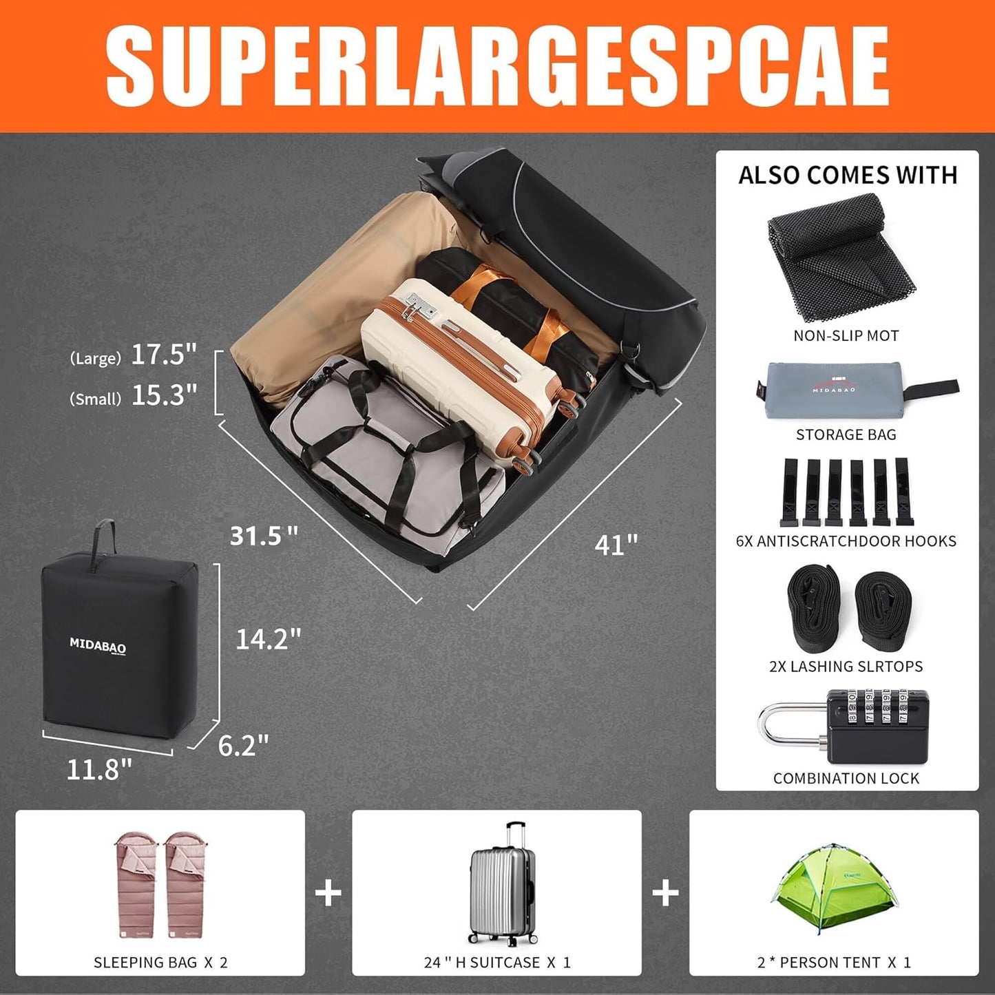 MIDABAO Waterproof Duty Car Roof Top Carrier-Car Cargo Roof Bag Car Roof Top Carrier - Waterproof & Coated Zippers- Includes Anti-Slip Mat- for Cars with or Without Racks (12 Cubic feet)