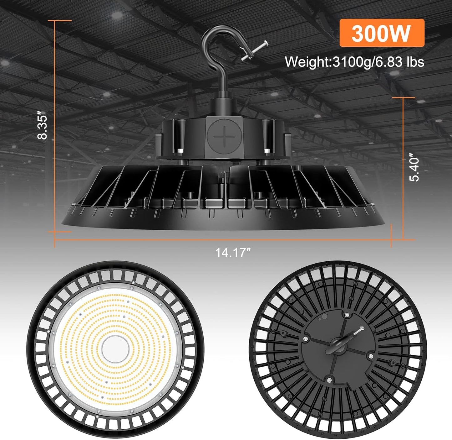 LED High Bay Lights, 300W UFO High Bay LED Shop Lights, 45000LM Adjustable CCT(5700K 5000K 4500K) & Power(300W 240W 200W), 0-10V Dimmable, 5' Cable Plug, IP65 Waterproof, ETL & DLC Listed High Bay