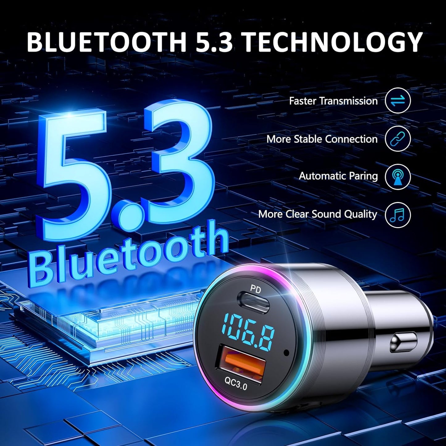 Bluetooth Transmitter for Car, LENCENT Full Metal Bluetooth 5.3 Car Adapter Dual USB Fast Charging 48W(PD 30W & QC3.0 18W), Wireless FM Radio Transmitter with Hi-Fi Music, Hands-Free Calling