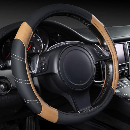 CAR PASS Line Rider Microfiber Leather Sporty 14.5-15 inch Steering Wheel Cover Universal Fits for 95% Truck,SUV,Cars, Anti-Slip Safety Comfortable Design (Black Beige)