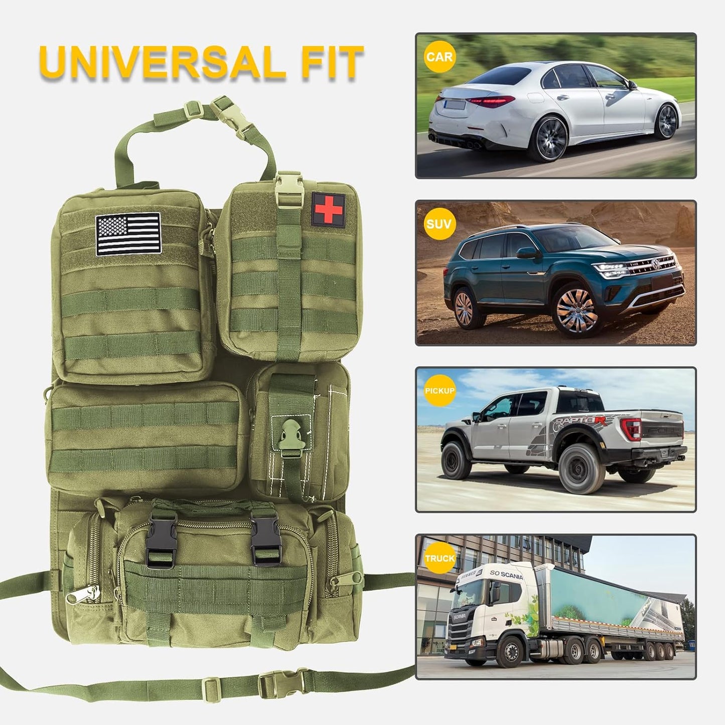 Universal Tactical Seat Back Organizer Vehicle Molle Panel Organizer Storage Bag with 5 Detachable Molle Pouch for All Vehicel Such as Jeep,Truck,SUV, Car, Ford,Chevy etc