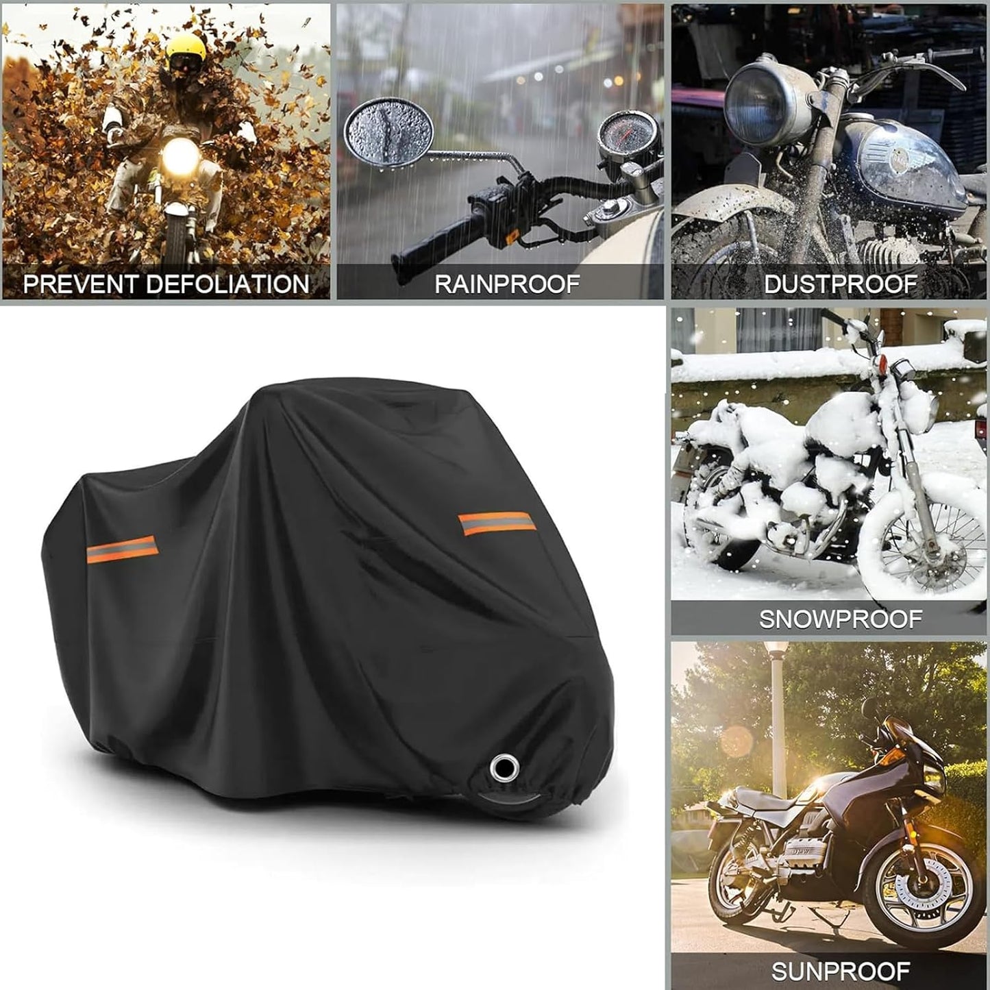 Motorcycle Cover, 210D Oxford Cloth, with Reflective Stripes, Waterproof Outdoor Protection, All-Weather Universal car Cover, with Lock Holes and Storage Bag. (All Black, 90.5")