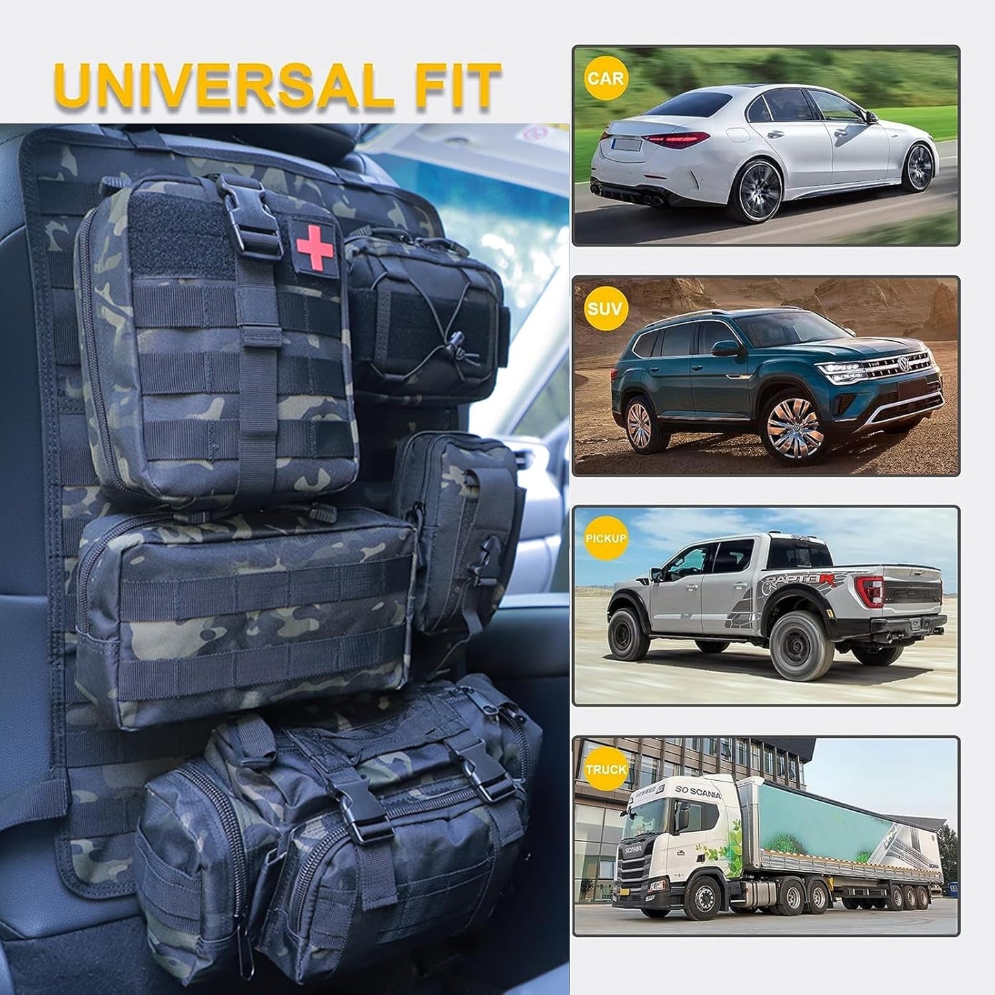 Universal Tactical Seat Back Organizer Vehicle Molle Panel Organizer Storage Bag with 5 Detachable Molle Pouch for All Vehicel Such as Jeep,Truck,SUV, Car, Ford,Chevy etc