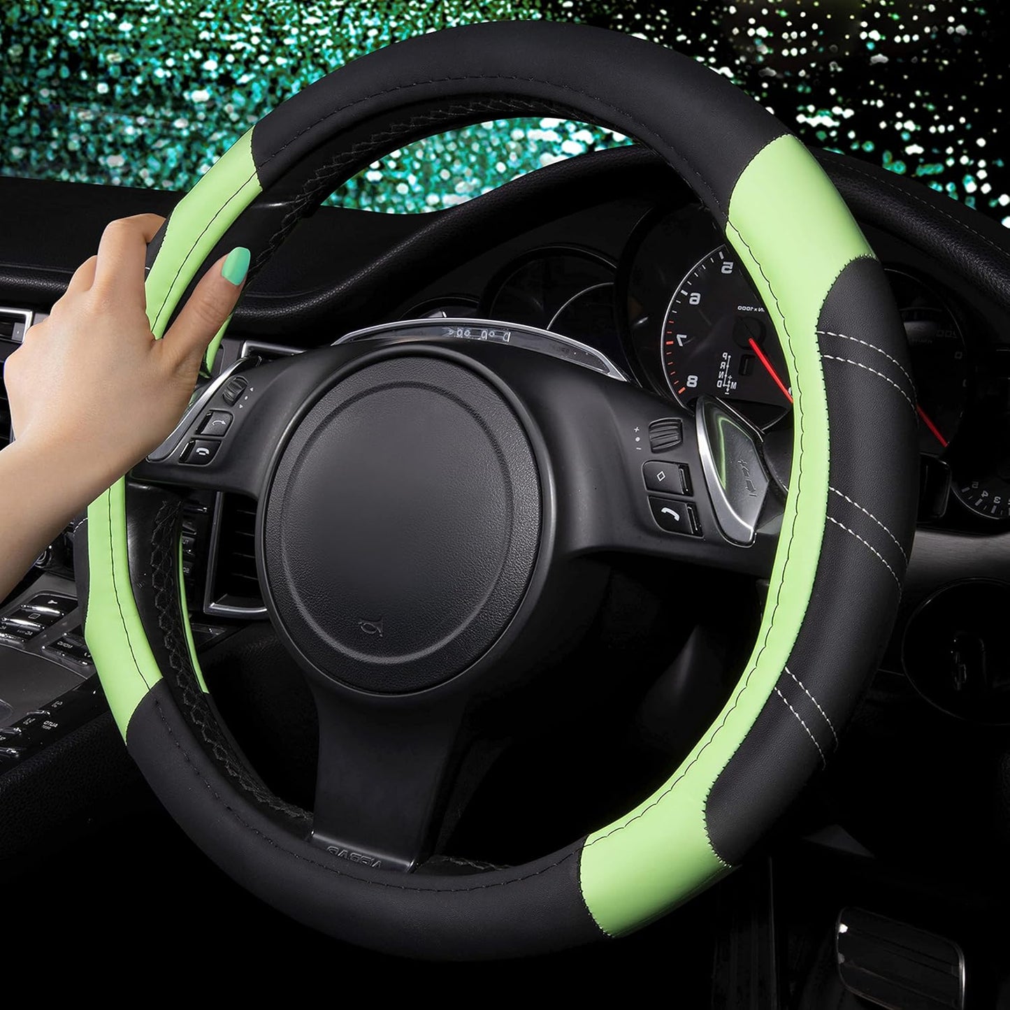 CAR PASS Line Rider Microfiber Leather Sporty Steering Wheel Cover Universal Fits for 95% Truck,SUV,Cars 14.5-15inch, Anti-Slip Safety Comfortable Design (Glows Lime Fluorescent Green)