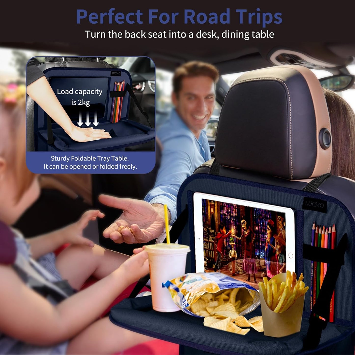LUCMO Car Backseat Organizer with Tablet Holder-2 Pcs,6 Storage Pockets Car Storage Organizer with Foldable Food Tray,Protectors Kick Mats Travel Accessories-Dark Blue