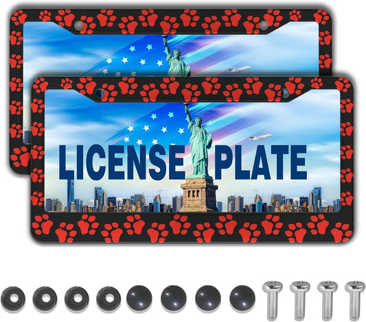 Custom License Plate Frame Black and Red License Plate Frames Animal Dog Paw Aluminum Metal Car Accessory 2 Pack with Screw Covers Set