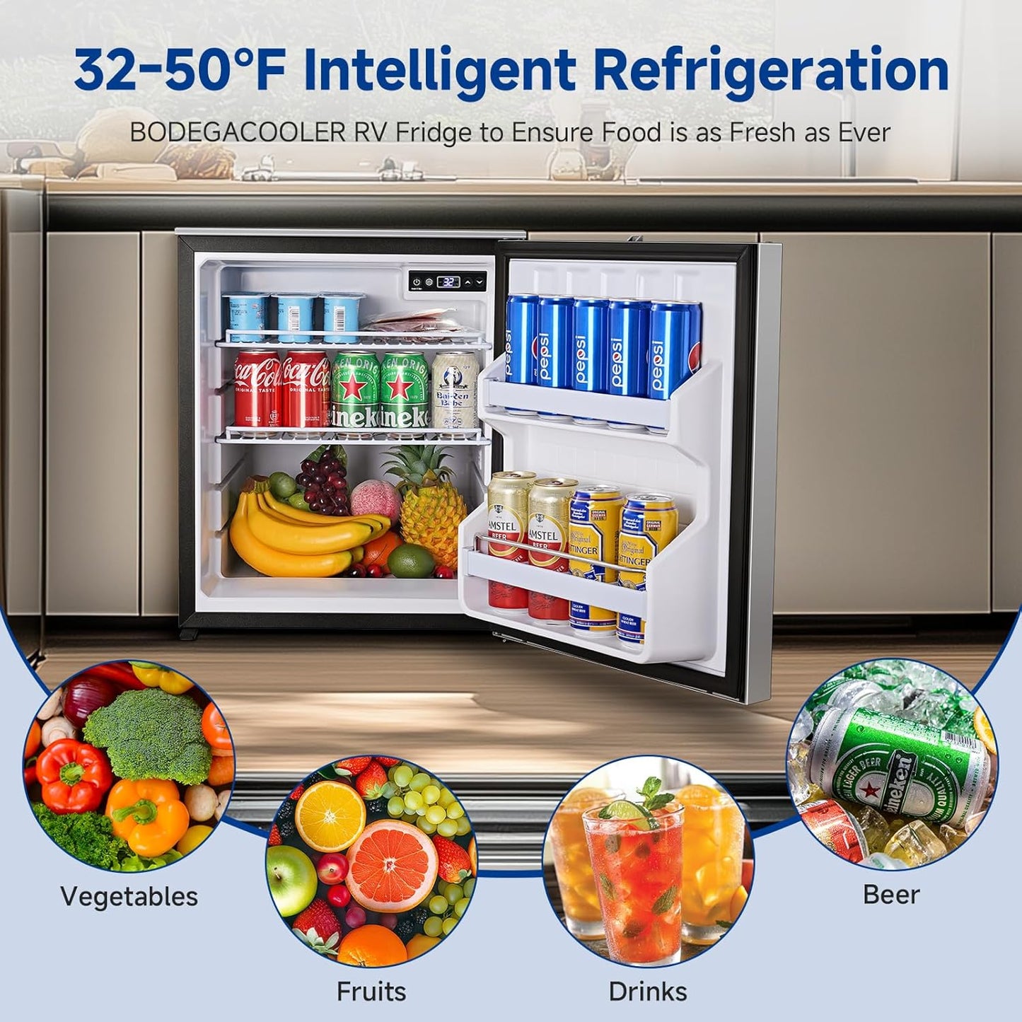 BODEGACOOLER 12 Volt Refrigerator, 63.4Quart RV Refrigerator, Dual Modes RV Fridge with LED, (32℉-50℉) Travel Compressor Cooler 12/24V DC for Boat, Yacht, Caravan, Truck, Camping (Silver)