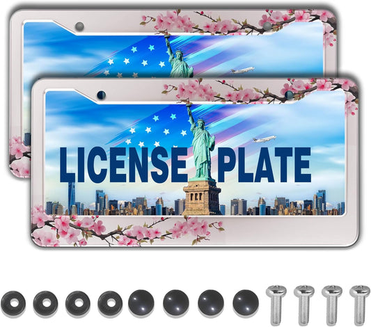 License Plate Frames for Men Powder License Plate Frame for Women Beautiful Cherry Blossom Aluminum Metal Car Accessory 2 Pack with Screw Covers Set
