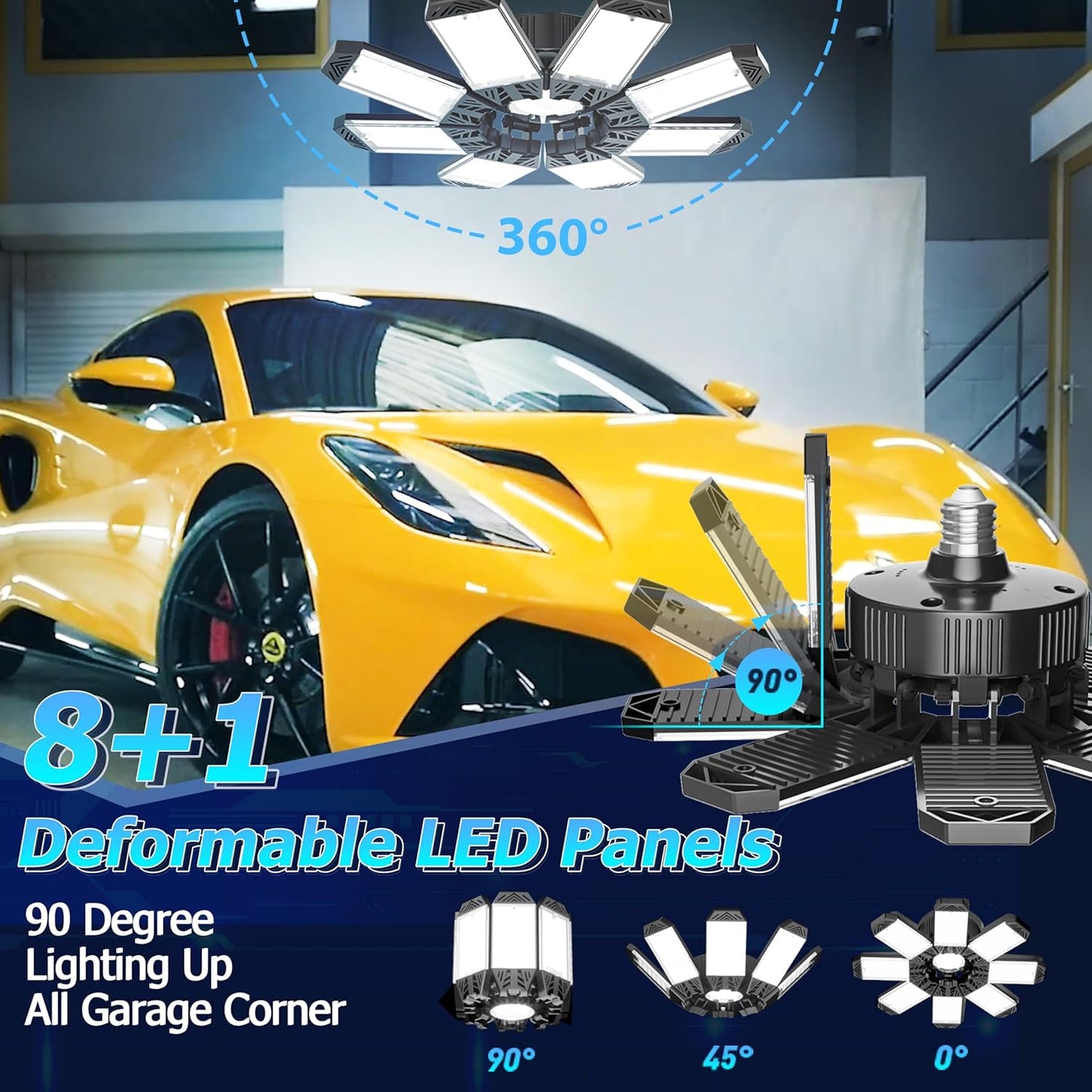 ISKYDRAW LED Garage Lights, 4 Pack Garage Lighting 260W 26000LM Bright Shop Ceiling Lights Screw Into E26 E27 Bulb Socket, Deformable 8+1 Panels 6500K Basement Bay Lighting for Workshop Barn Porch