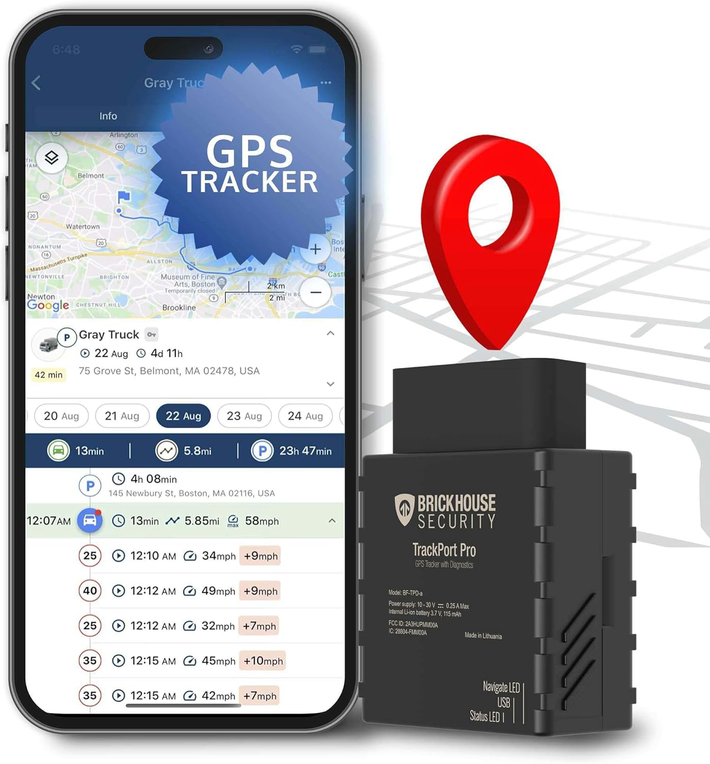 Brickhouse Security TrackPort Pro - Diagnostic GPS Tracker for Vehicles, Car Location, Speed, Battery Health, Mileage, Vehicle Diagnostic Data Report - Plugs into OBD Port - Subscription Required