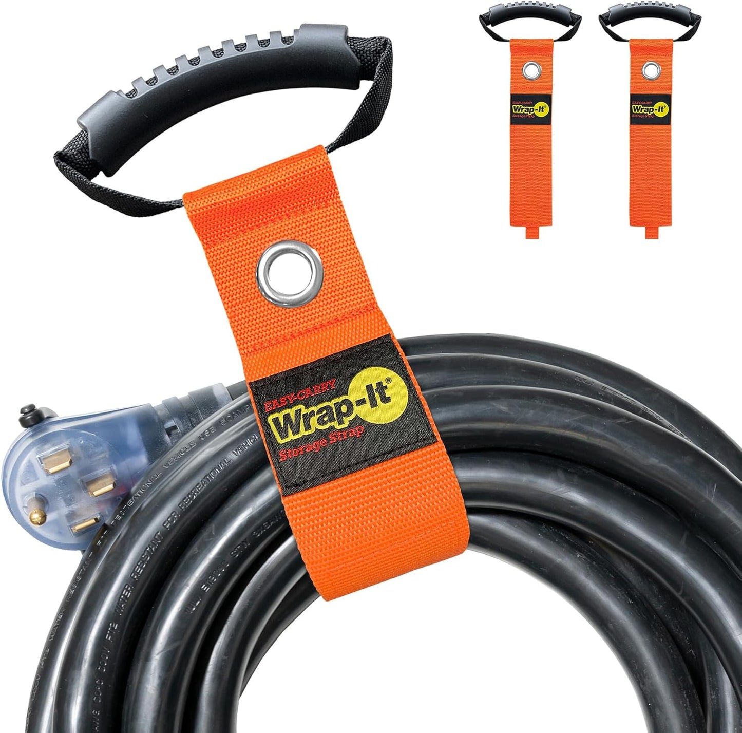 Easy-Carry Wrap-It Storage Straps - 22” (2-Pack) Blaze Orange with Grommet - Extension Cord Storage Holders and Carrying Straps for Garden Hose Storage
