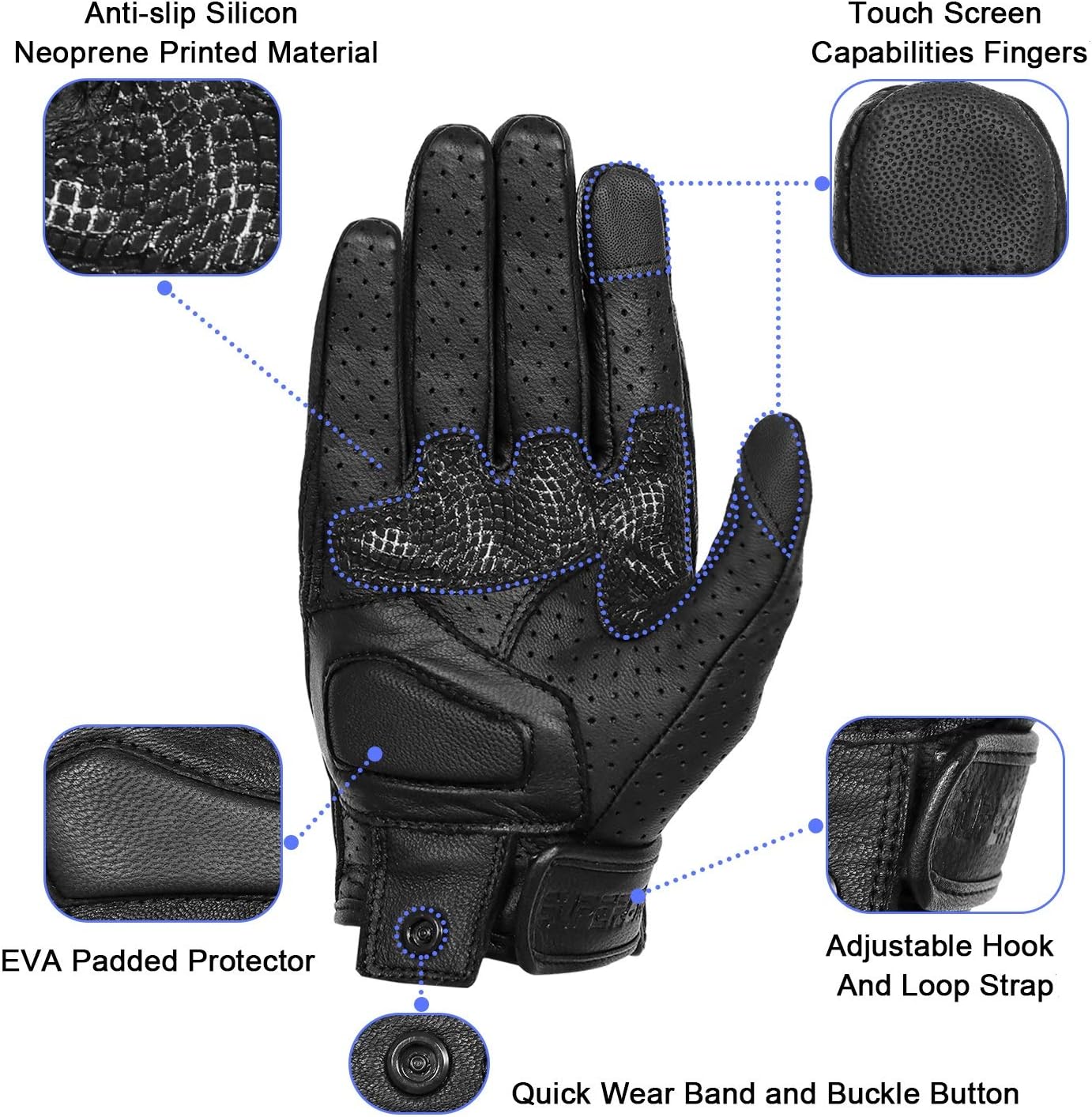 Updated Goatskin Leather Motorcycle Gloves Men Touchscreen Anti-Slip Motorbike Riding Gloves for Men (Updated,Perforated, L)