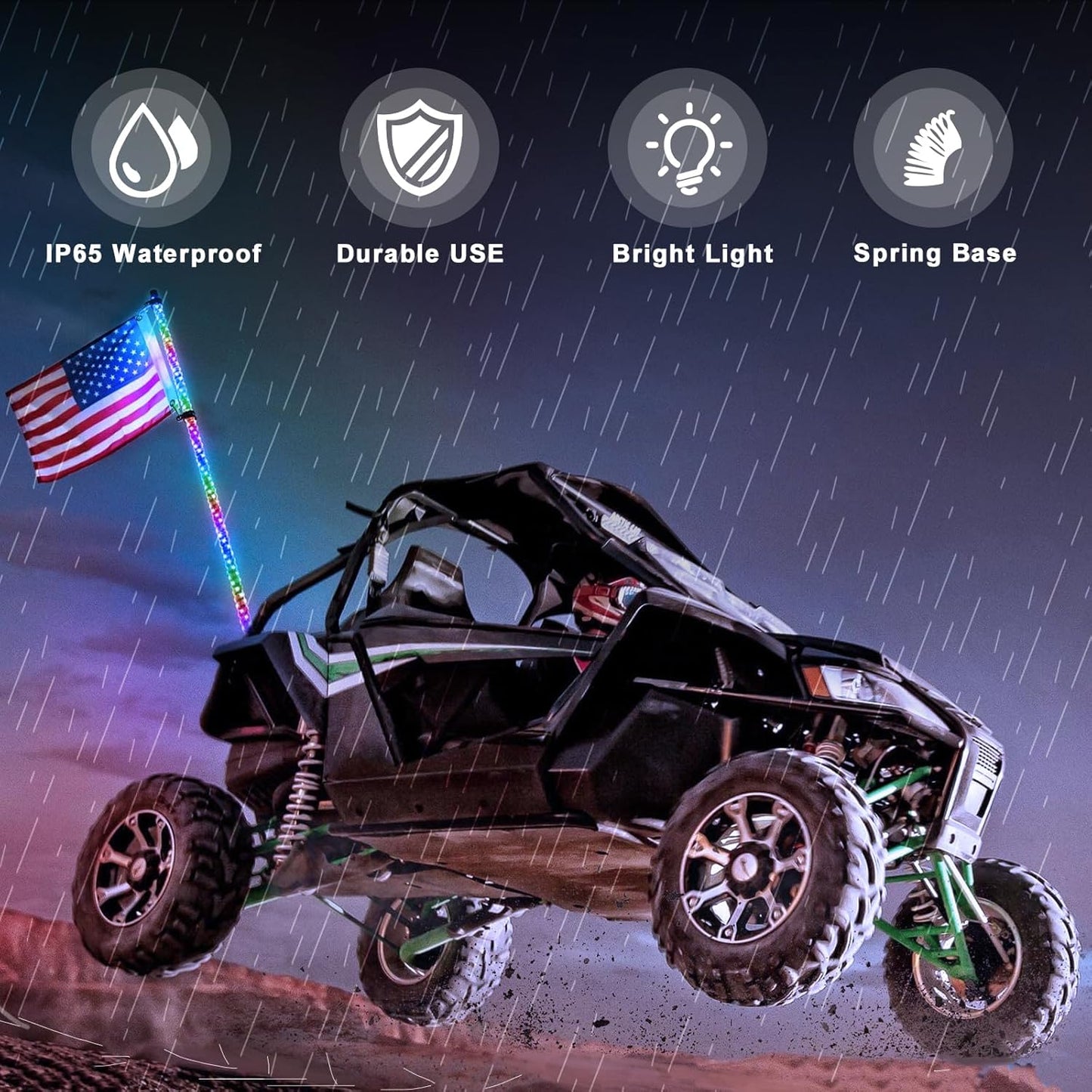 3FT-2 PC Spiral RGB LED Whip Light RGB Chasing/Dancing Light RF Remote Control Lighted Whip Lights for UTV, ATV, Off Road, Truck, Sand, Buggy Dune, RZR