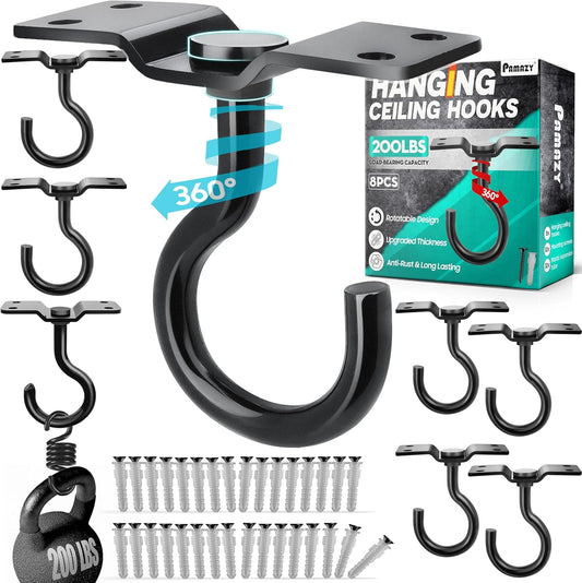 [Upgraded] 8Pcs 200LBS Rotatable Ceiling Hooks with 4 Screw Points Plate Base, Black Wall Mount Metal Hanger for Hanging Plants, Bird Feeders, Lanterns, Lights, Wind Chimes, Indoor Outdoor Decor