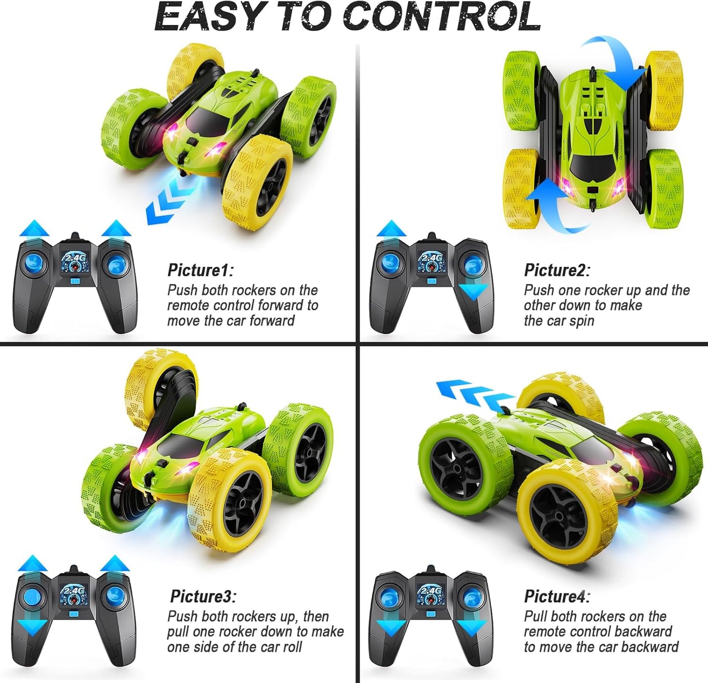 Remote Control Car, RC Car Toys for 6-12 Year Old Boys, Off Road RC Stunt Car 4WD 360° Rotating Remote Control Car for Kids, Boys Girls Gifts for Birthday, Christmas Yellow&Green