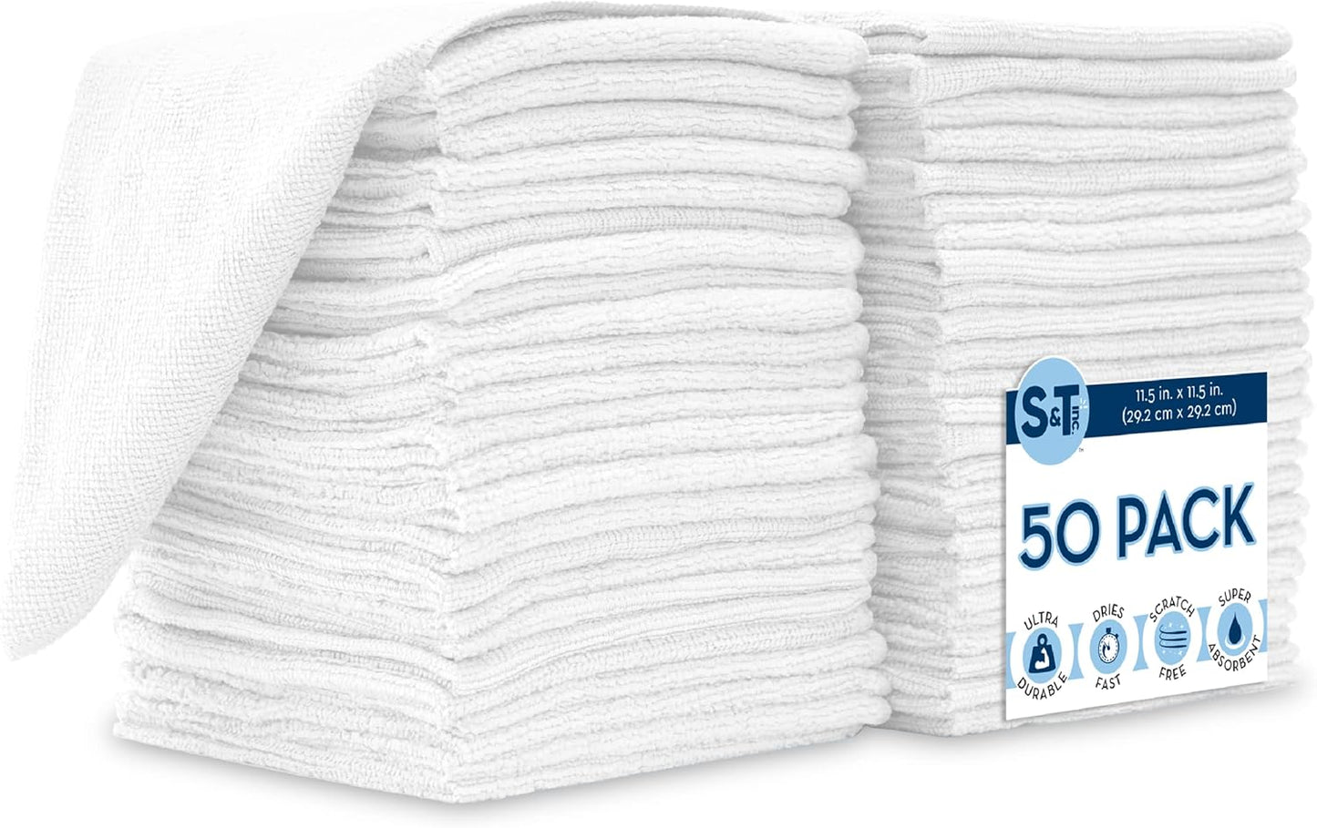 S&T INC. 50 Pack Microfiber Cleaning Cloth, Bulk Towels for Home, Reusable Microfiber Towels for Cars, Cleaning Rags, White, 11.5 Inches x 11.5 Inches, 50 Count