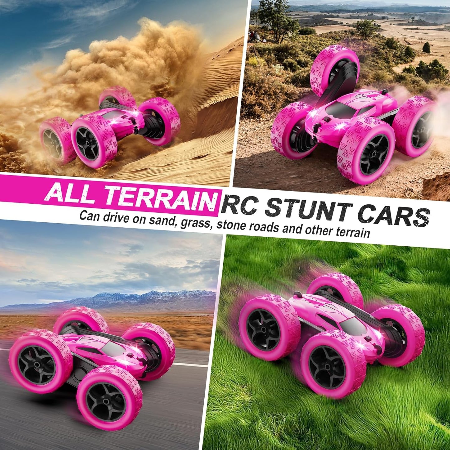 RC Cars, Rose Remote Control Car for Girls, 2.4 GHZ Double Sided RC Stunt Car 360° Rotating Remote Control Crawler with Headlights Car Toys for 6 7 8 9 10 11 12 Girls Birthday Gift